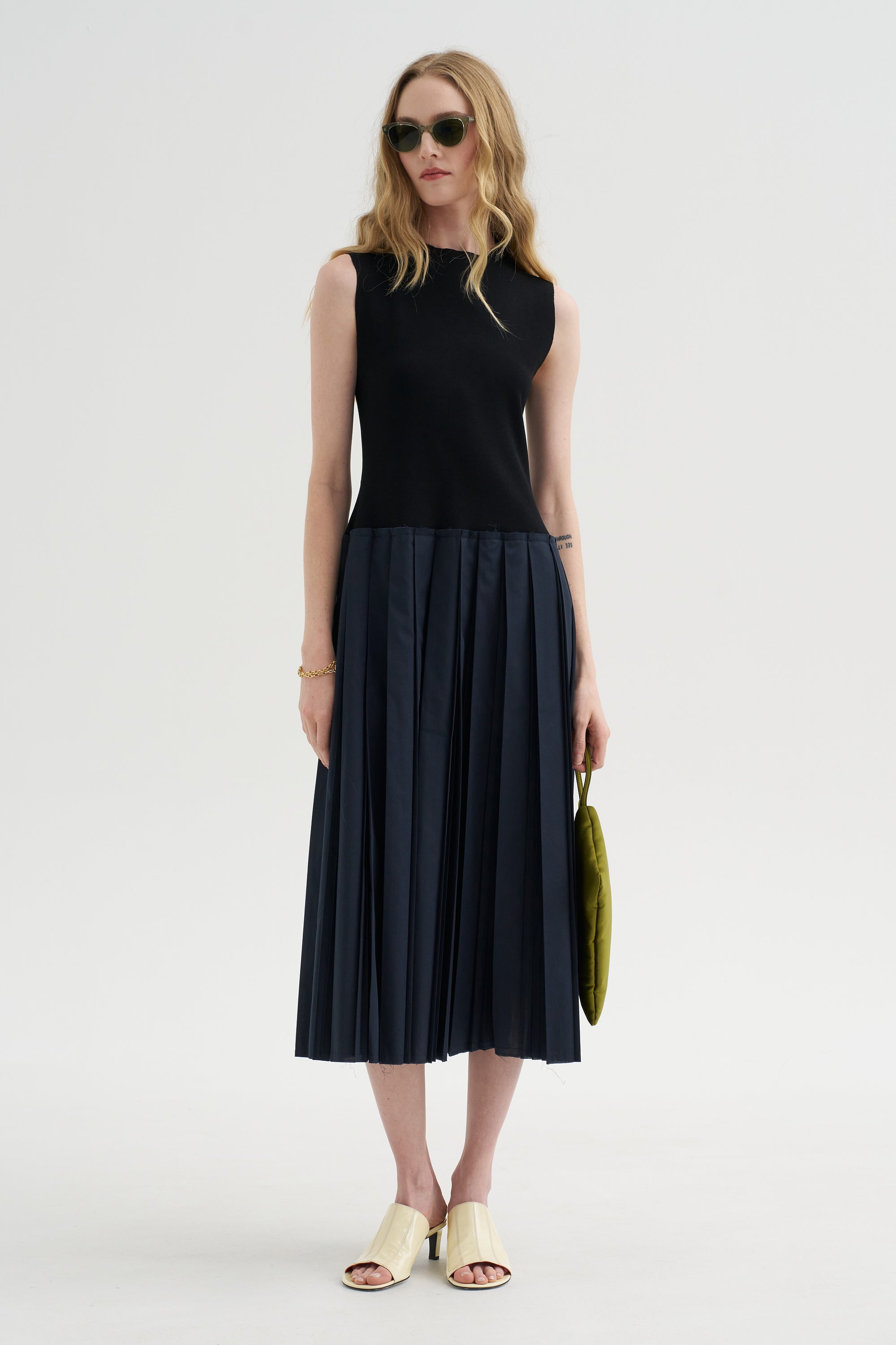 Fitted Bodice - Sleeveless Dress, Blue-Black