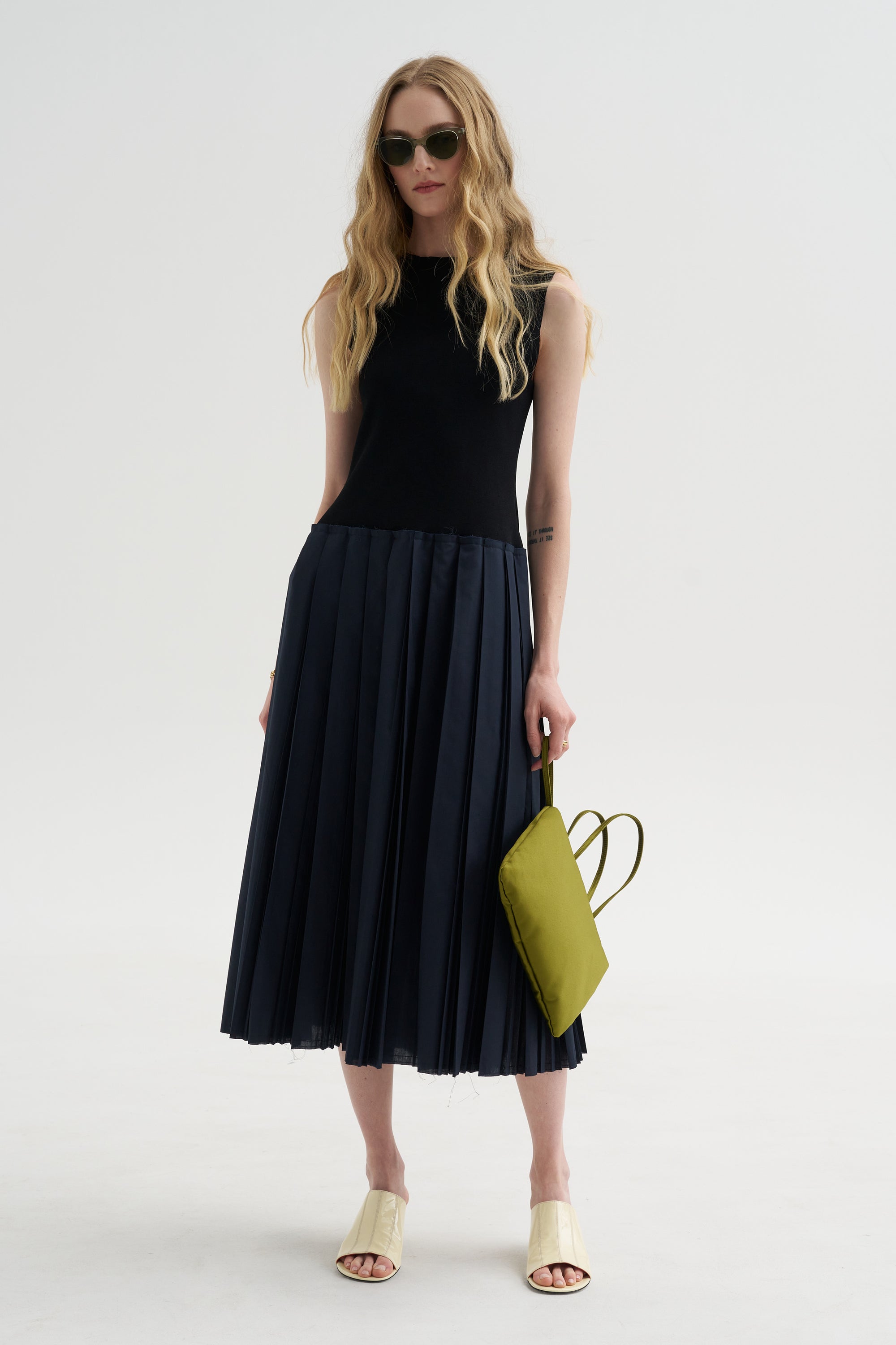 Fitted Bodice - Sleeveless Dress, Blue-Black