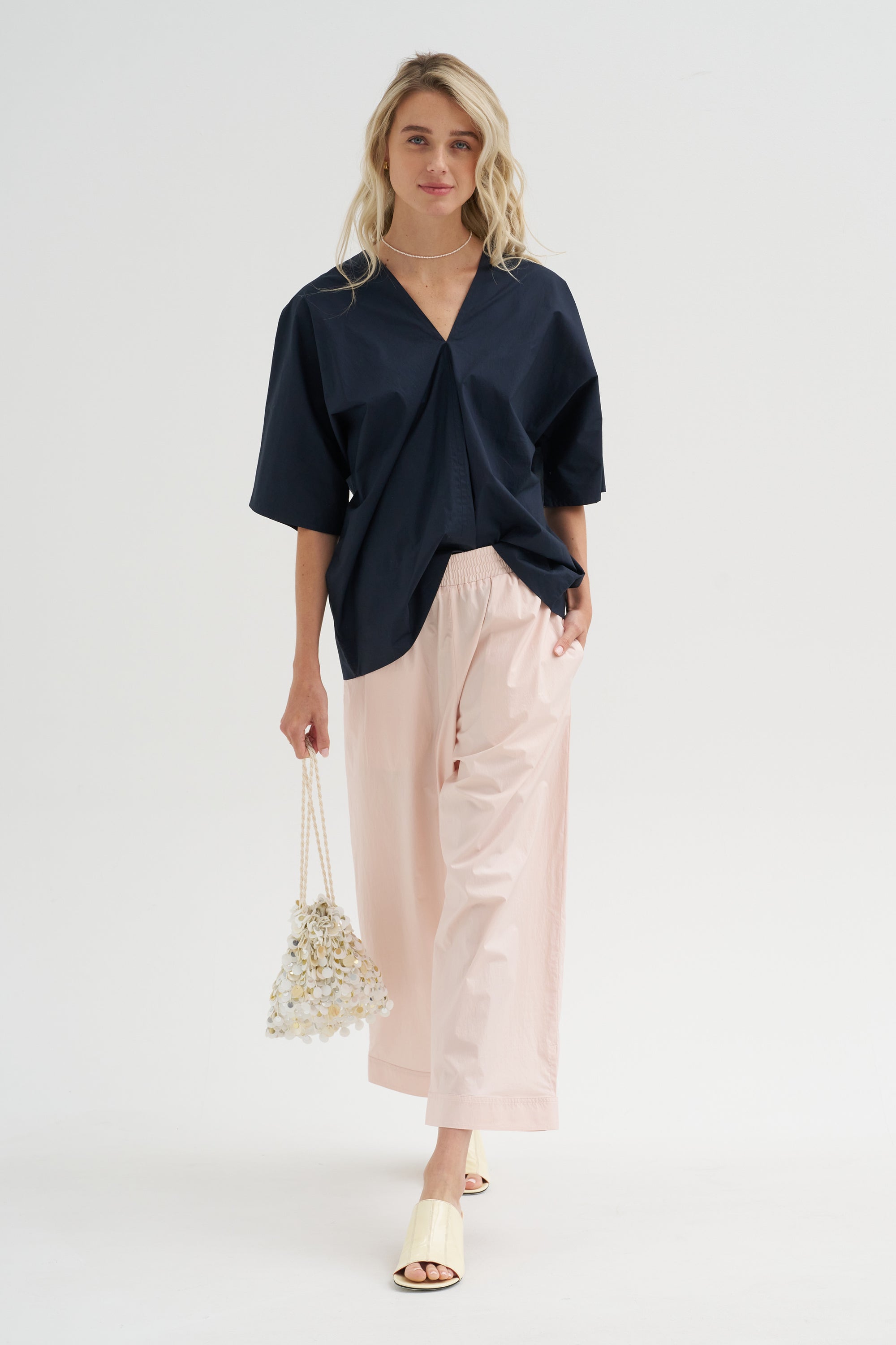 V-Neck Blouse, Blue-Black