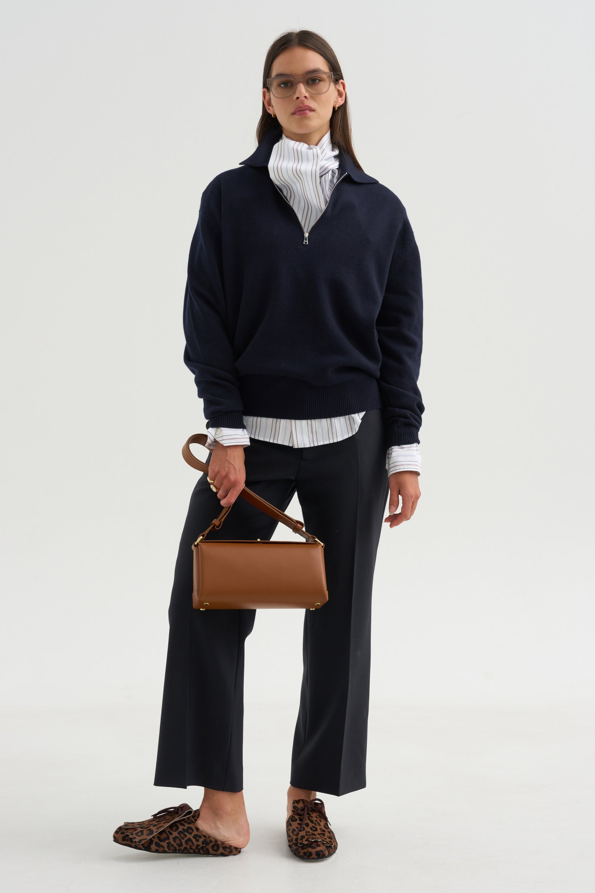 Long Sleeve Polo Shirt With Zipper, Navy