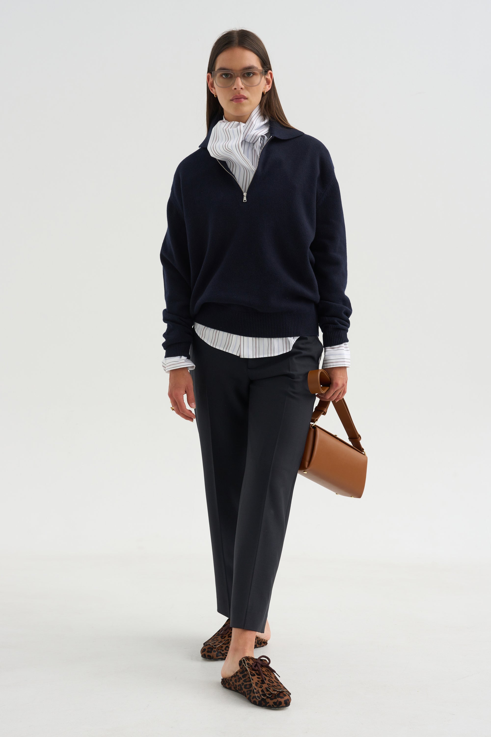 Long Sleeve Polo Shirt With Zipper, Navy