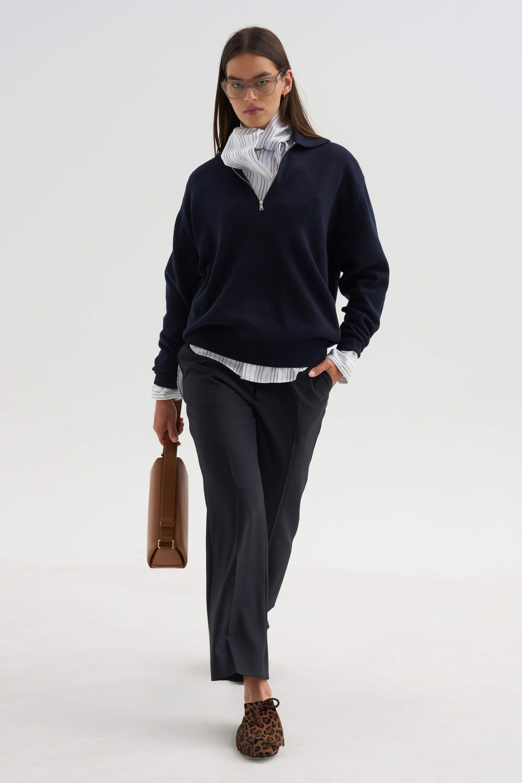 Long Sleeve Polo Shirt With Zipper, Navy