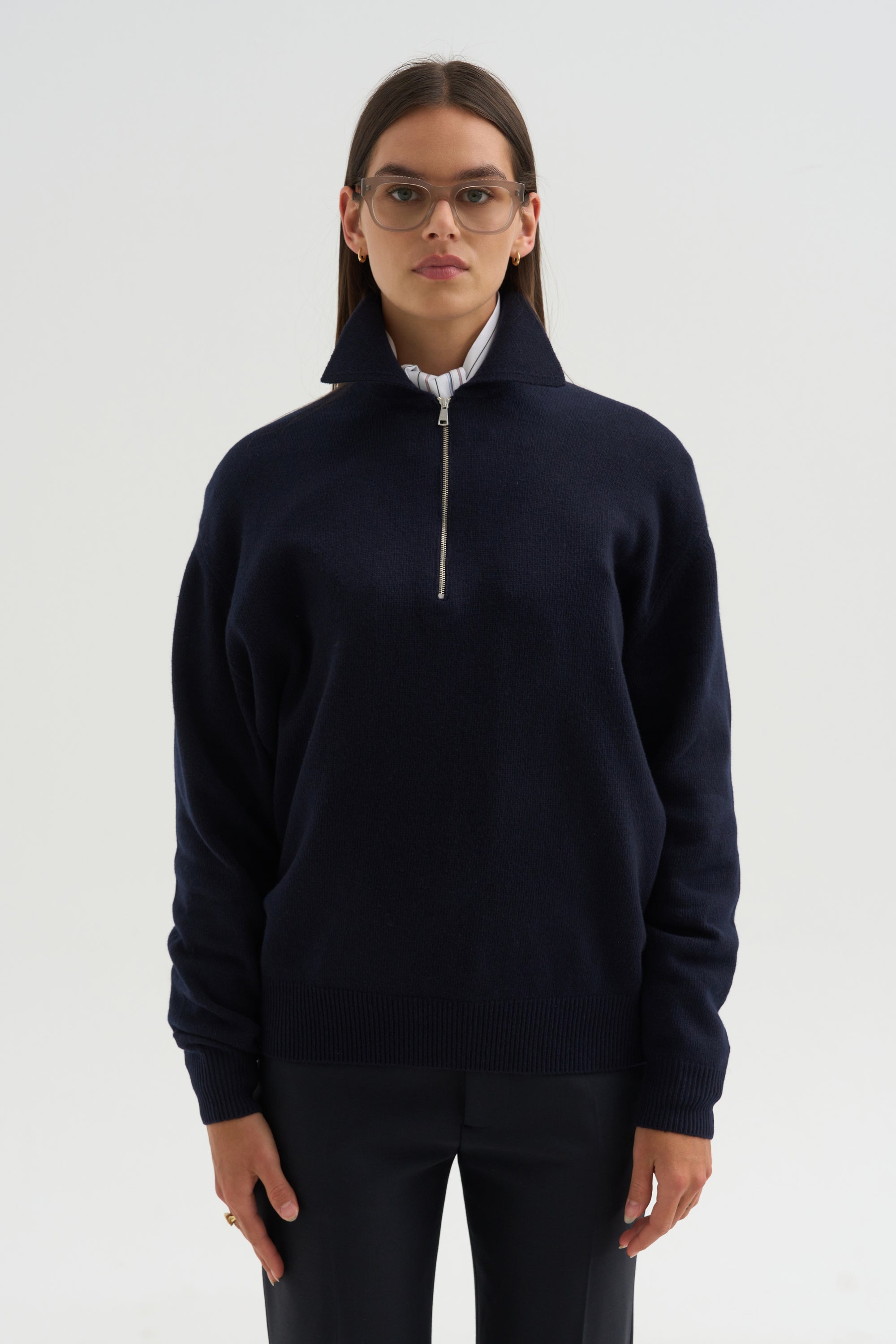 Long Sleeve Polo Shirt With Zipper, Navy