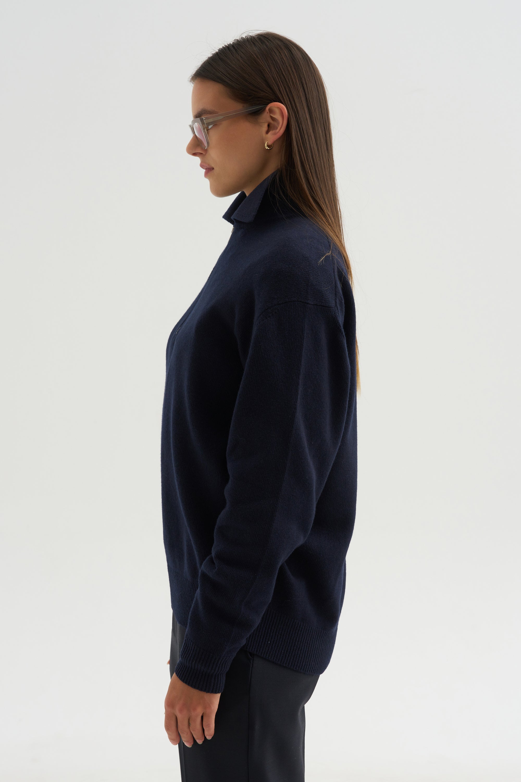 Long Sleeve Polo Shirt With Zipper, Navy