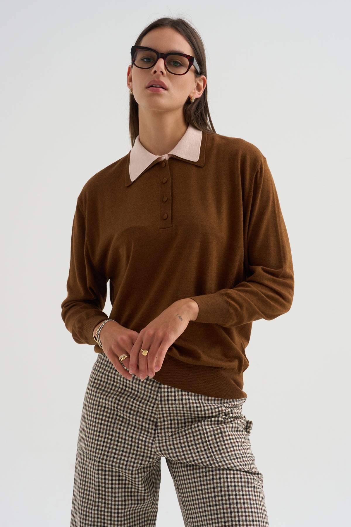 Long Sleeve Polo Double Collar, Brown &amp; Pink
