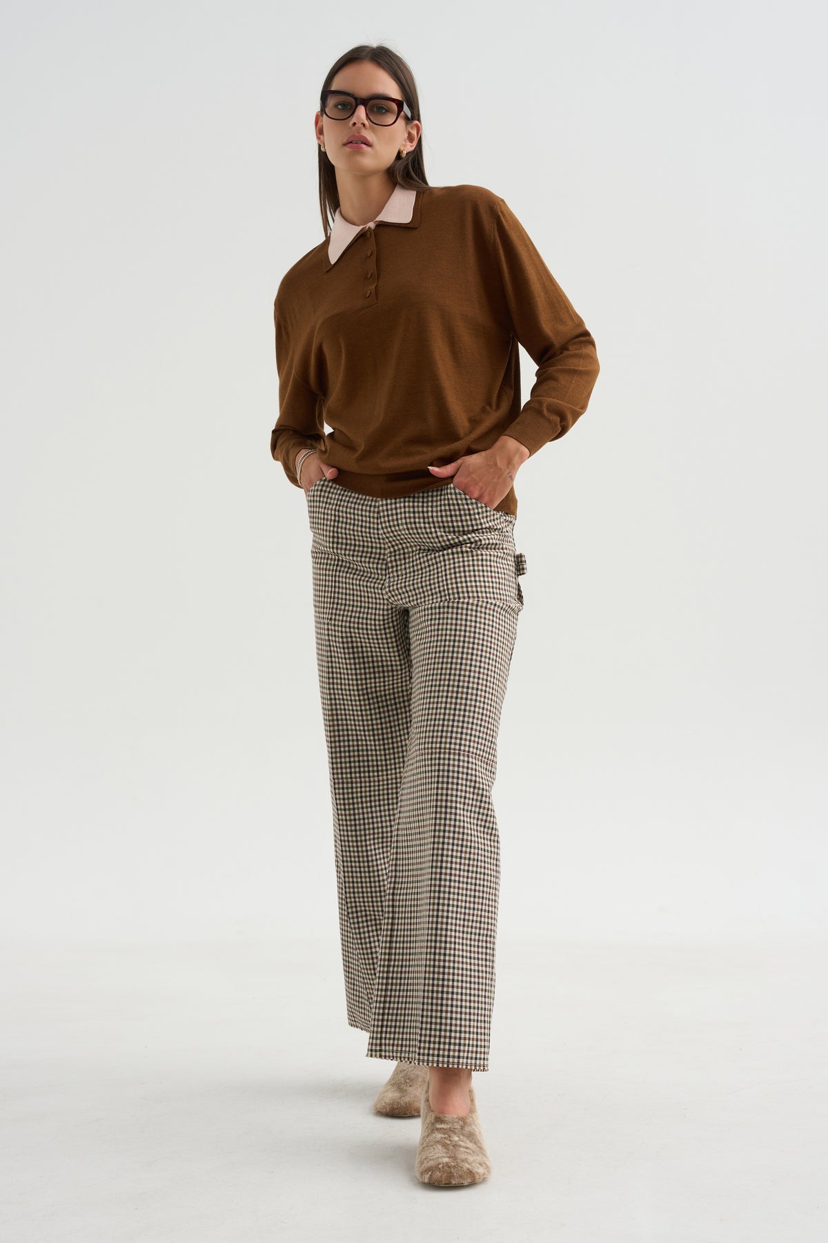 Long Sleeve Polo Double Collar, Brown &amp; Pink