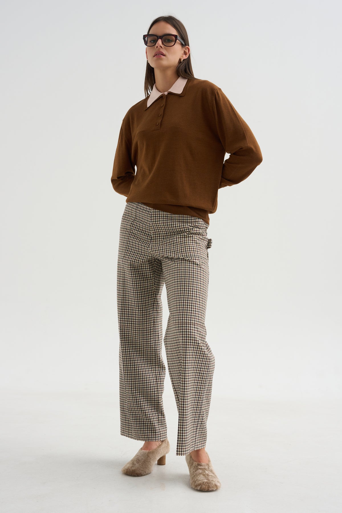 Long Sleeve Polo Double Collar, Brown &amp; Pink