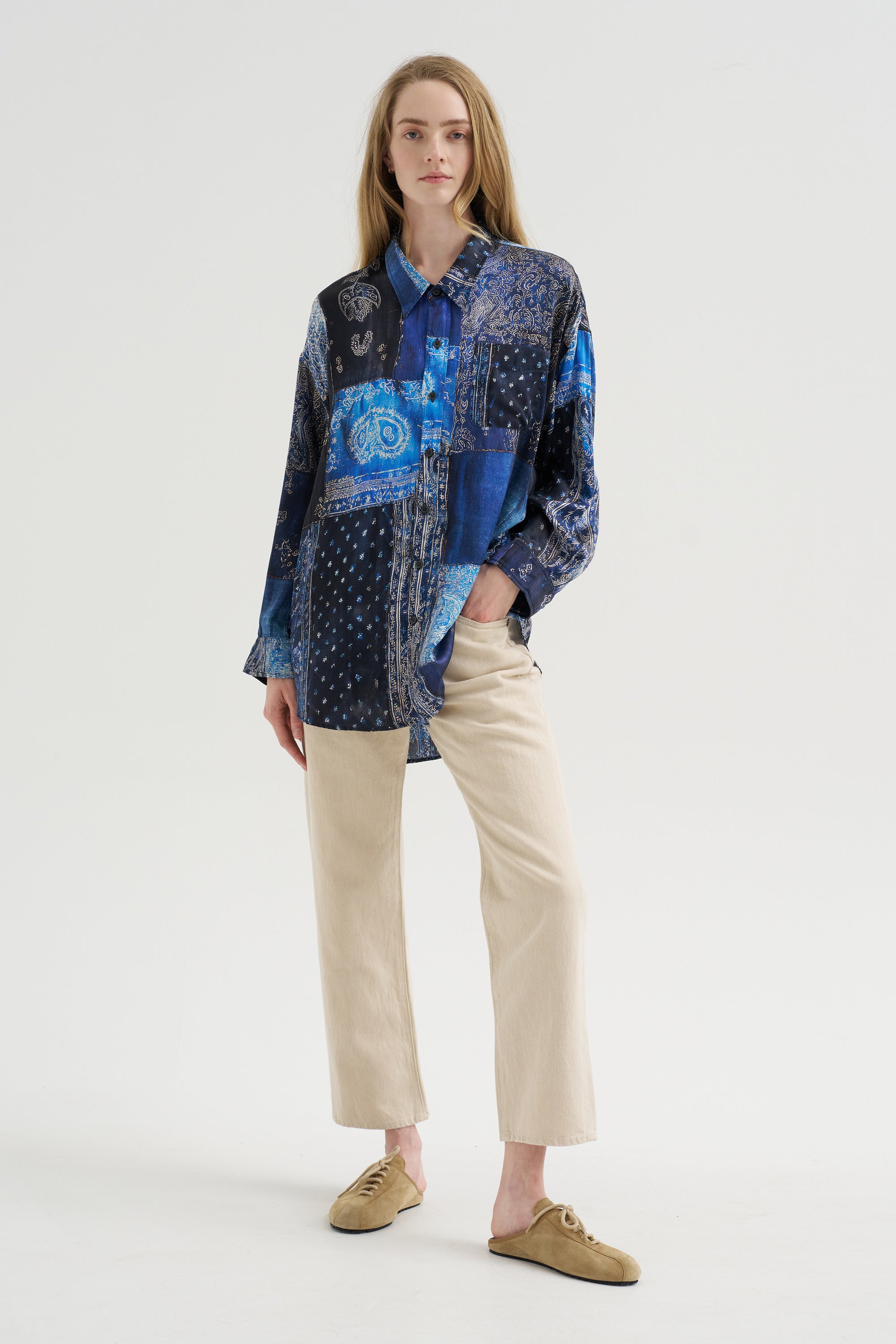 Drop Neck Shirt, Blue Multi Bandana Print
