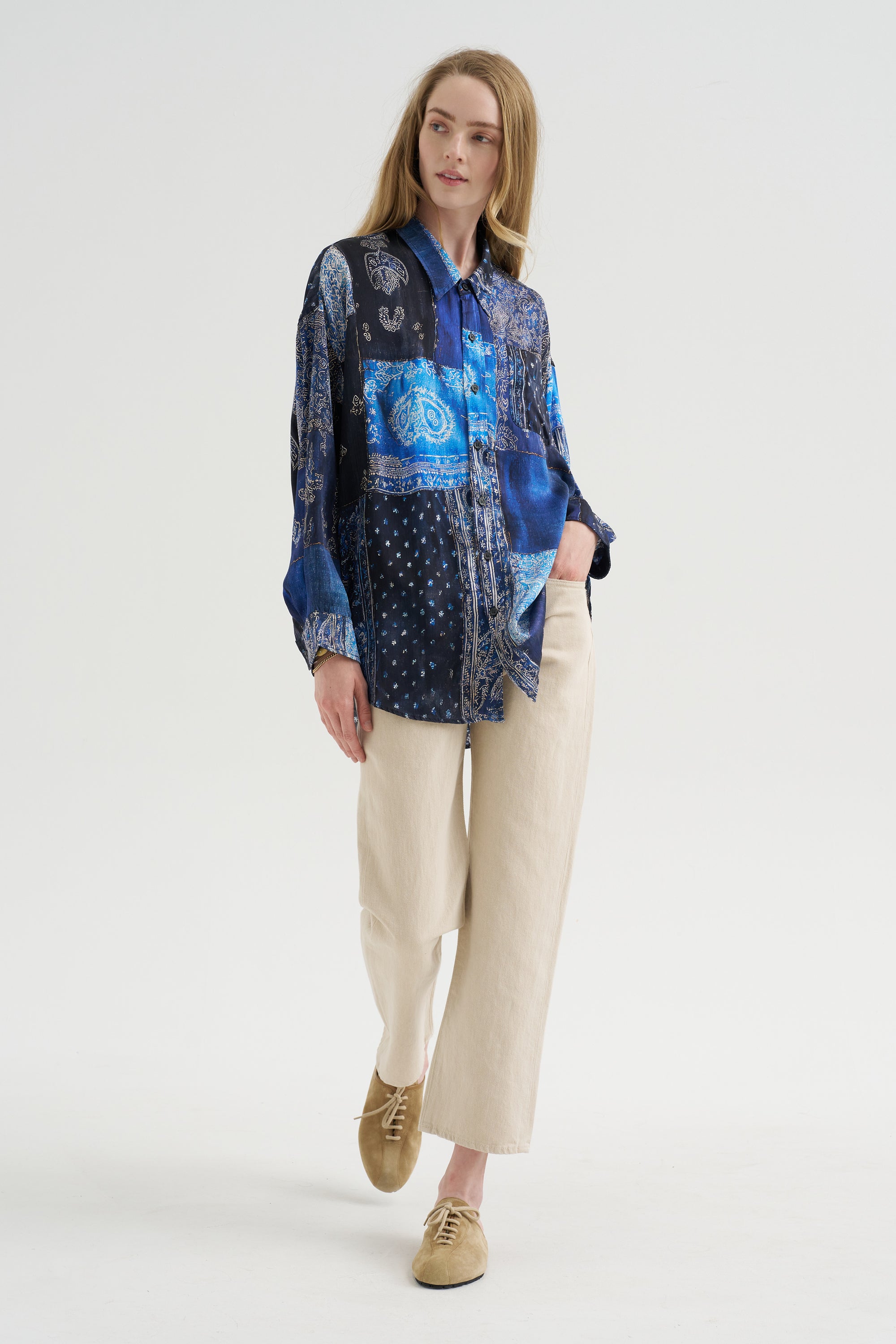 Drop Neck Shirt, Blue Multi Bandana Print