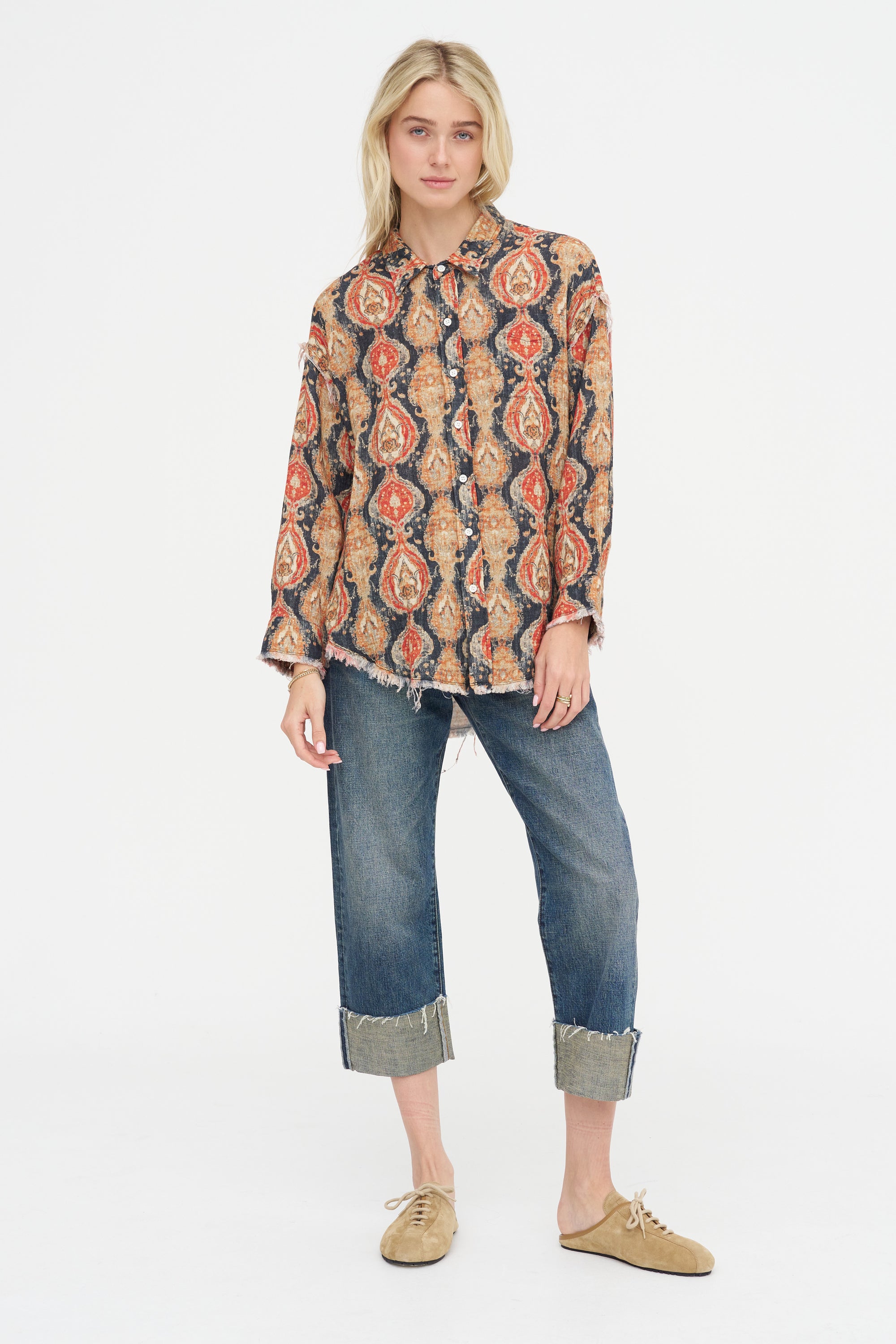 Shredded Seam Drop Neck Shirt, Orange &amp; Dark Navy Multicolor