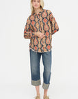 Shredded Seam Drop Neck Shirt, Orange & Dark Navy Multicolor