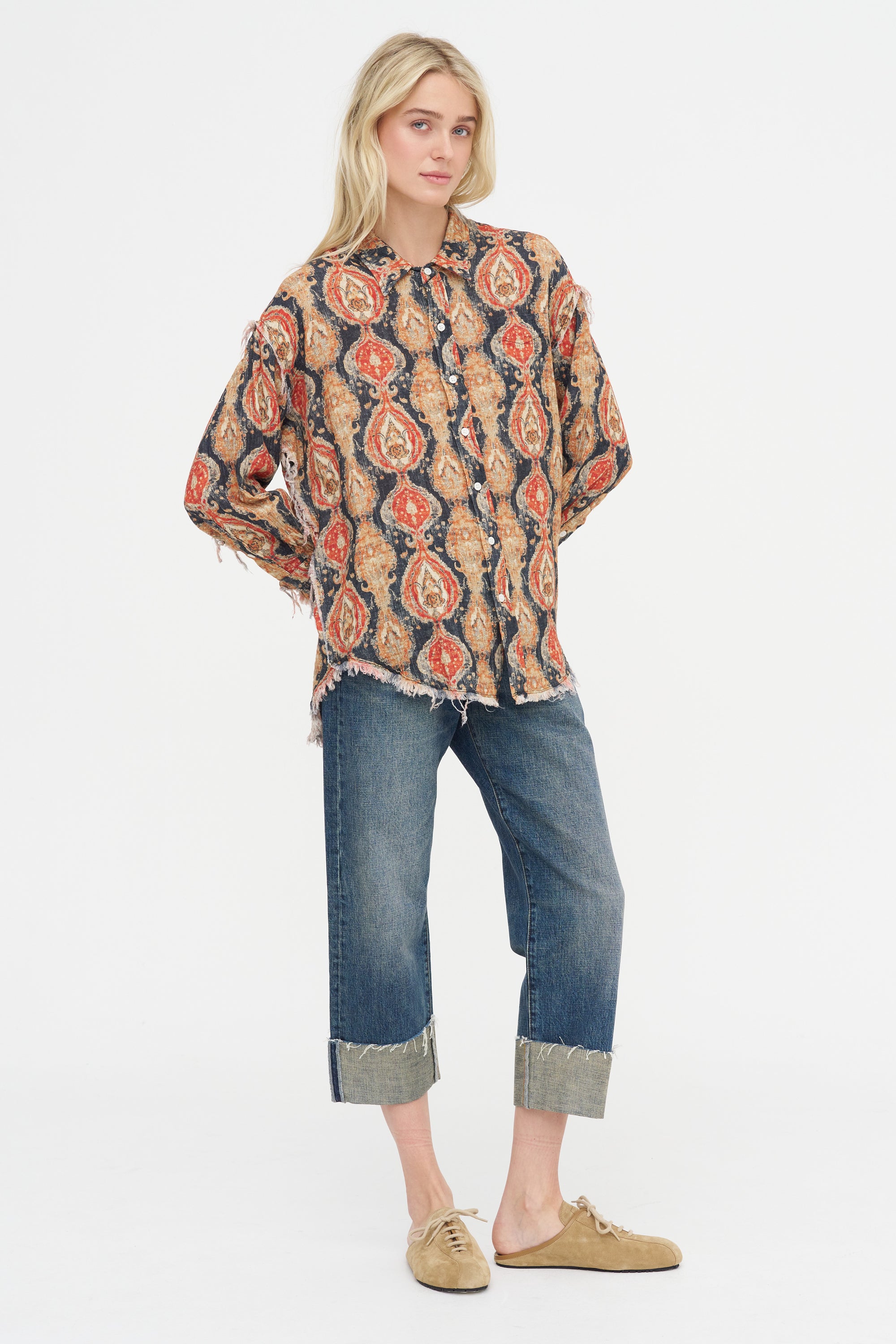 Shredded Seam Drop Neck Shirt, Orange &amp; Dark Navy Multicolor