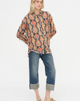 Shredded Seam Drop Neck Shirt, Orange & Dark Navy Multicolor