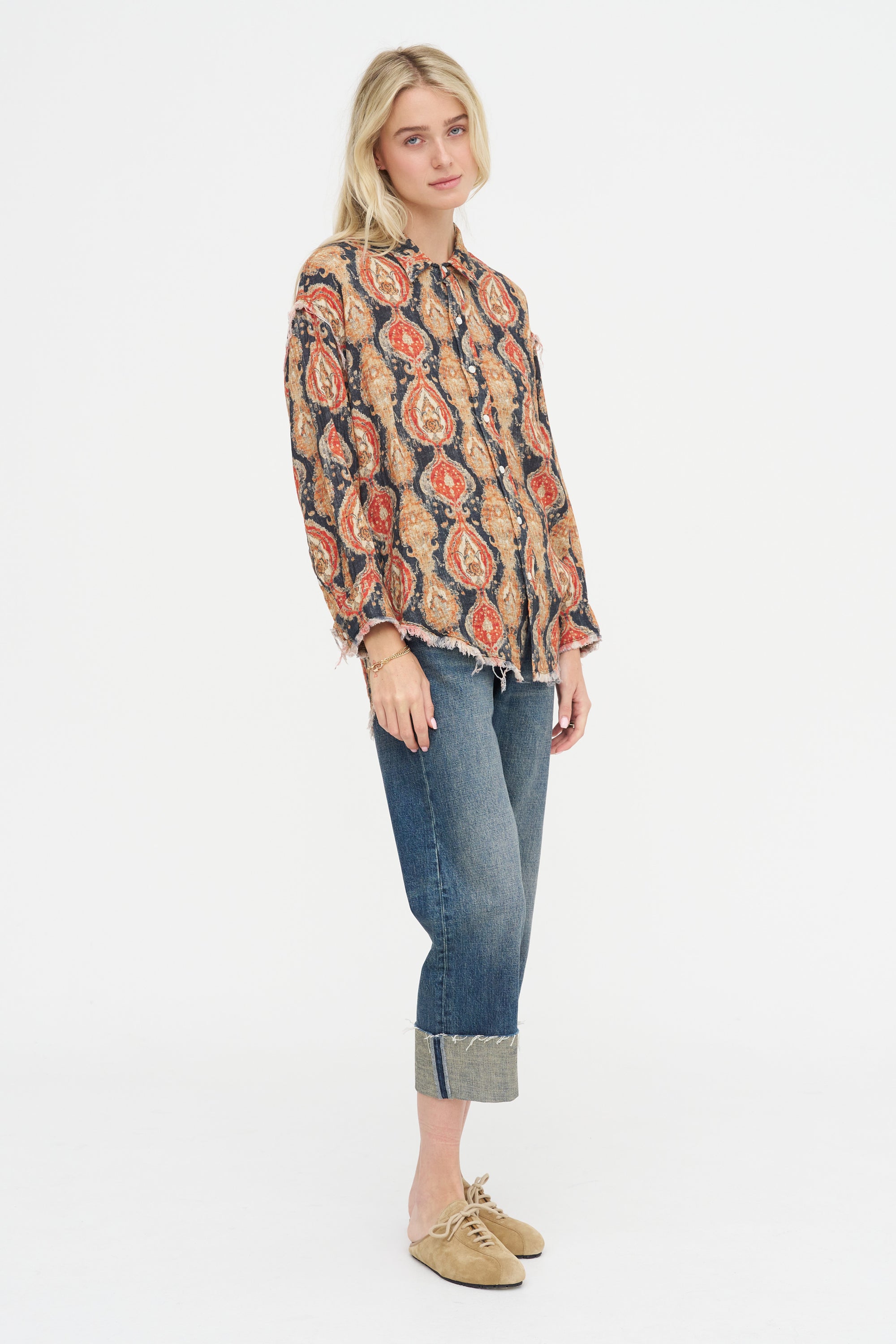 Shredded Seam Drop Neck Shirt, Orange &amp; Dark Navy Multicolor