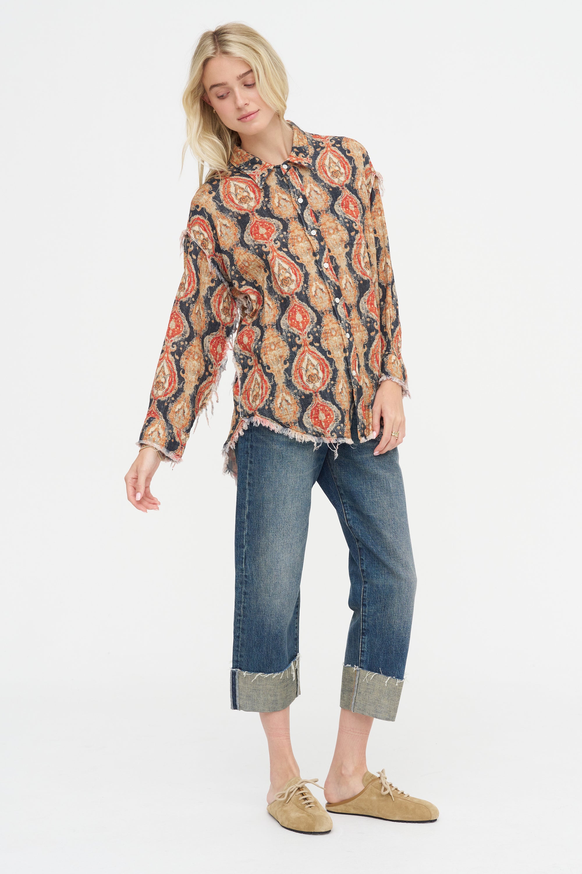 Shredded Seam Drop Neck Shirt, Orange &amp; Dark Navy Multicolor