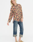 Shredded Seam Drop Neck Shirt, Orange & Dark Navy Multicolor