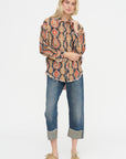 Shredded Seam Drop Neck Shirt, Orange & Dark Navy Multicolor