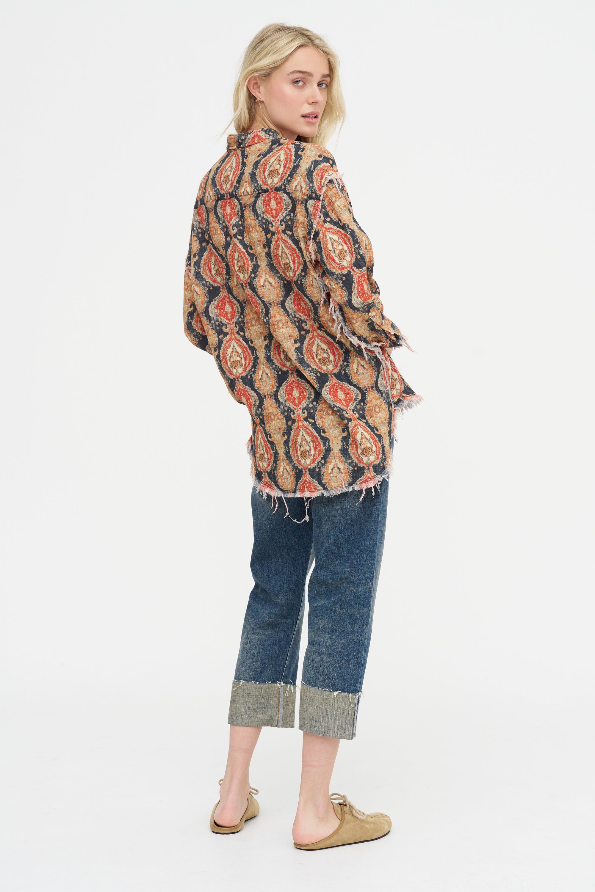 Shredded Seam Drop Neck Shirt, Orange &amp; Dark Navy Multicolor