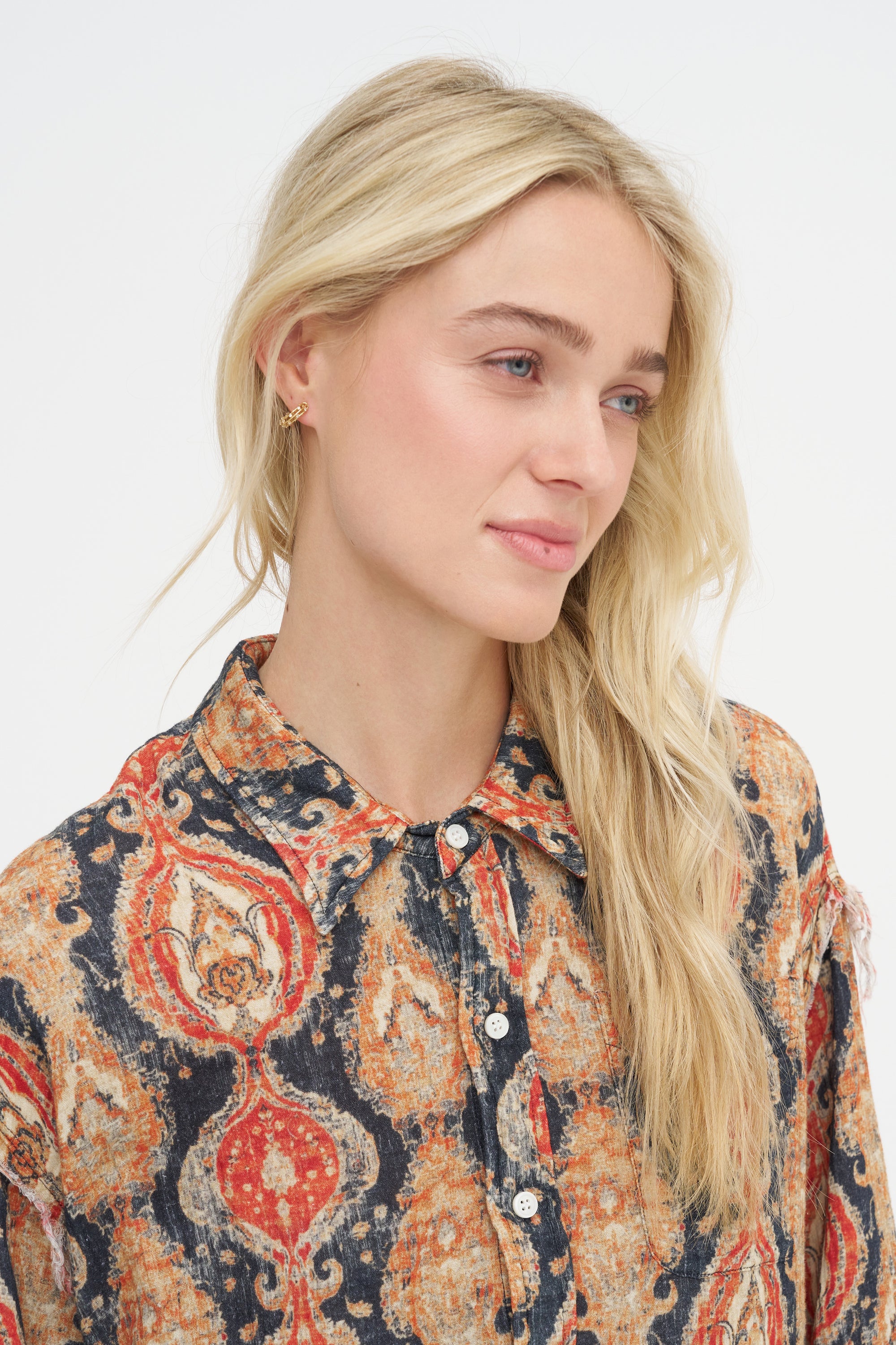 Shredded Seam Drop Neck Shirt, Orange &amp; Dark Navy Multicolor