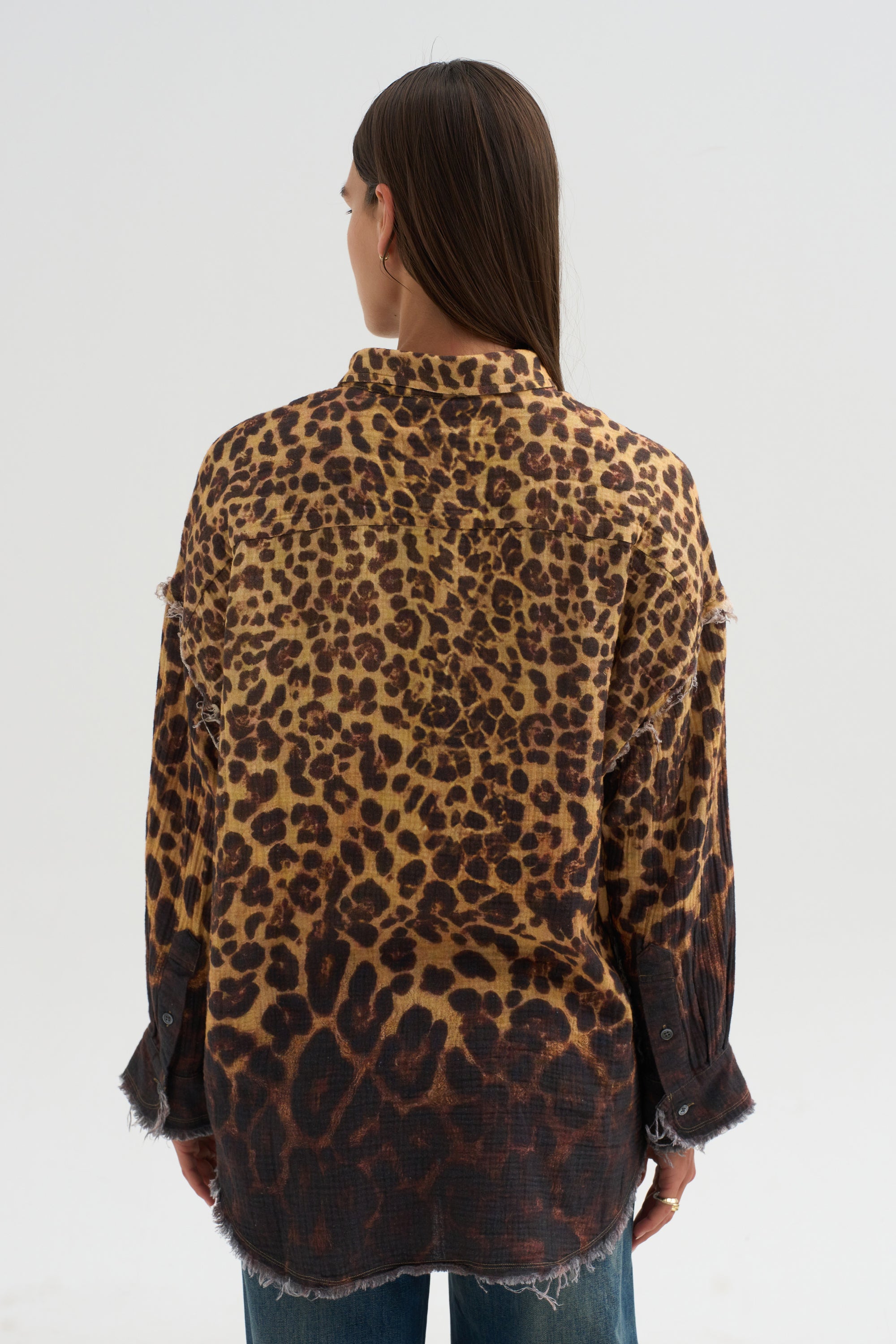Shredded Seam Drop Neck Shirt, Brown Leopard