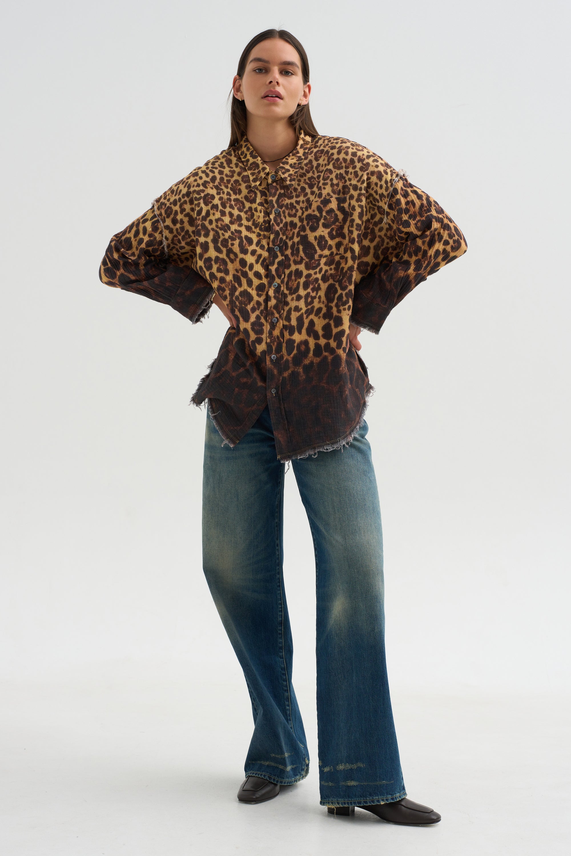 Shredded Seam Drop Neck Shirt, Brown Leopard