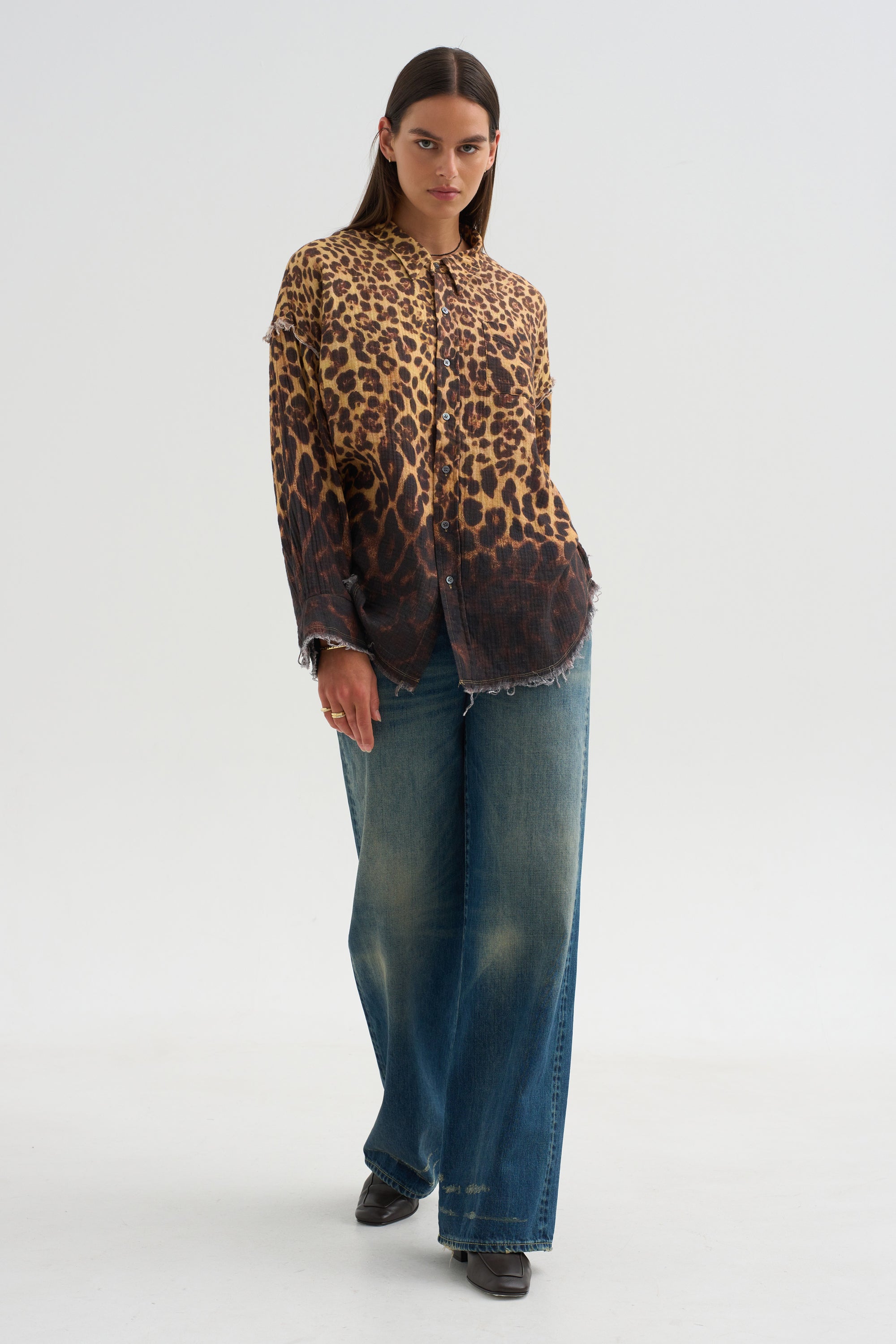 Shredded Seam Drop Neck Shirt, Brown Leopard