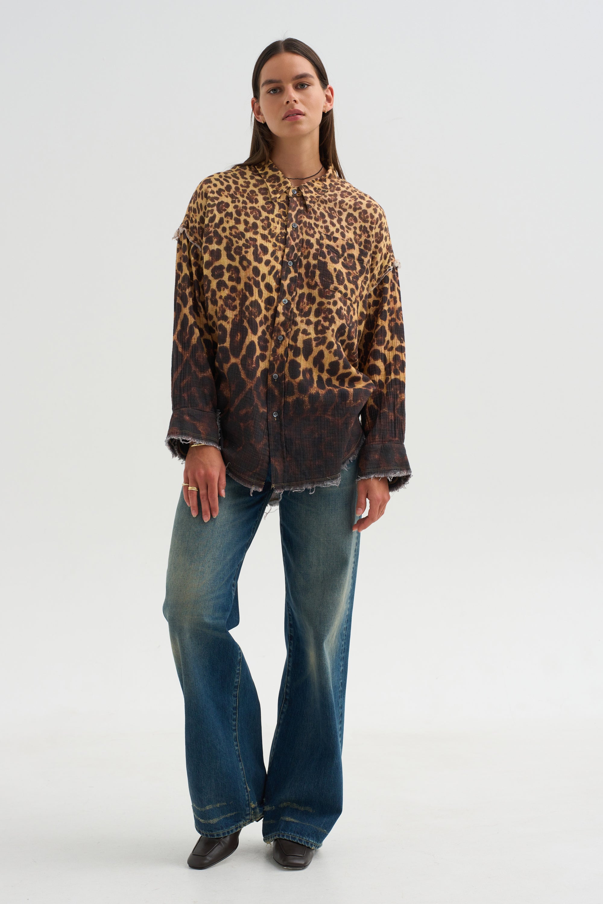Shredded Seam Drop Neck Shirt, Brown Leopard