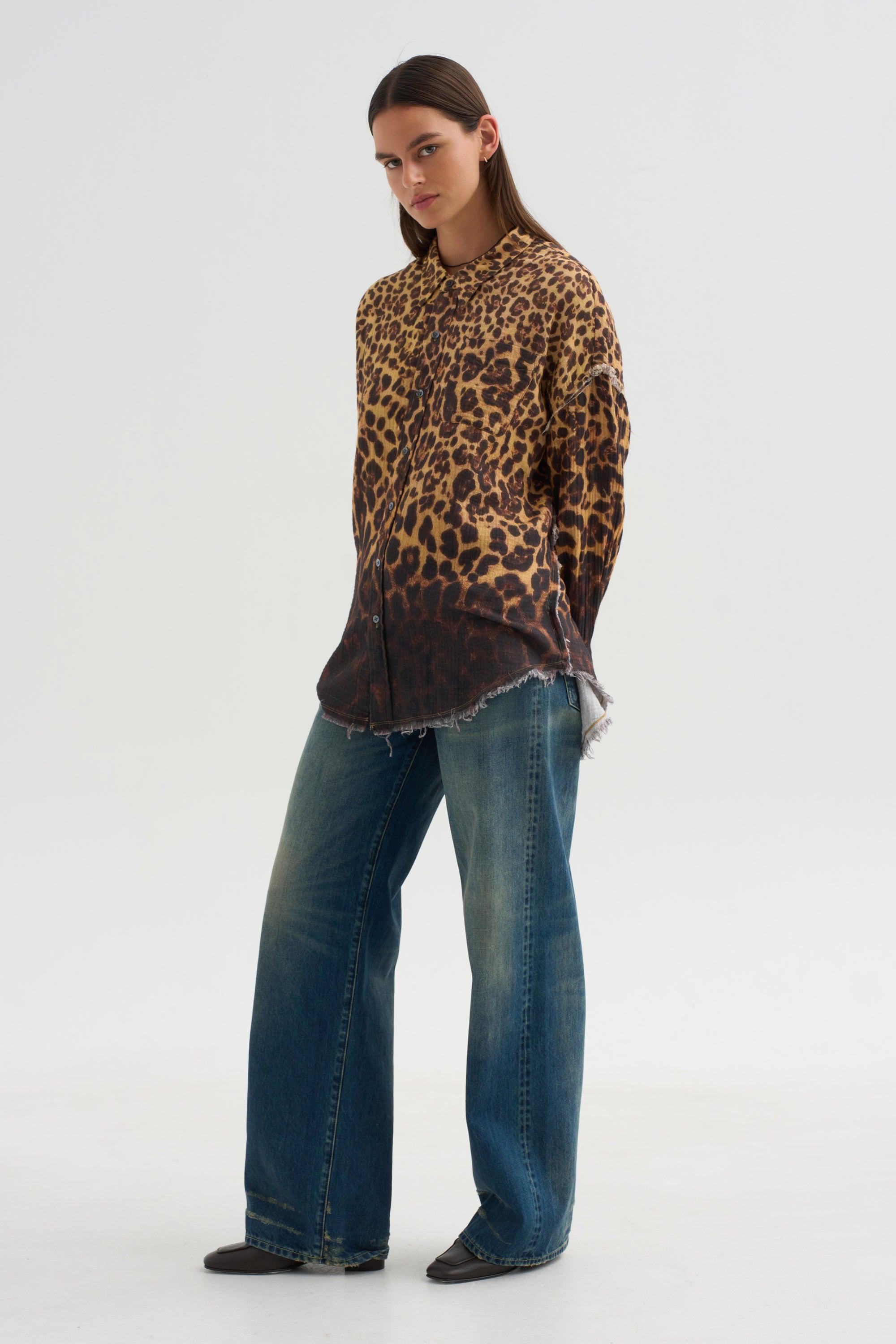 Shredded Seam Drop Neck Shirt, Brown Leopard