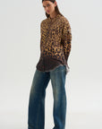 Shredded Seam Drop Neck Shirt, Brown Leopard
