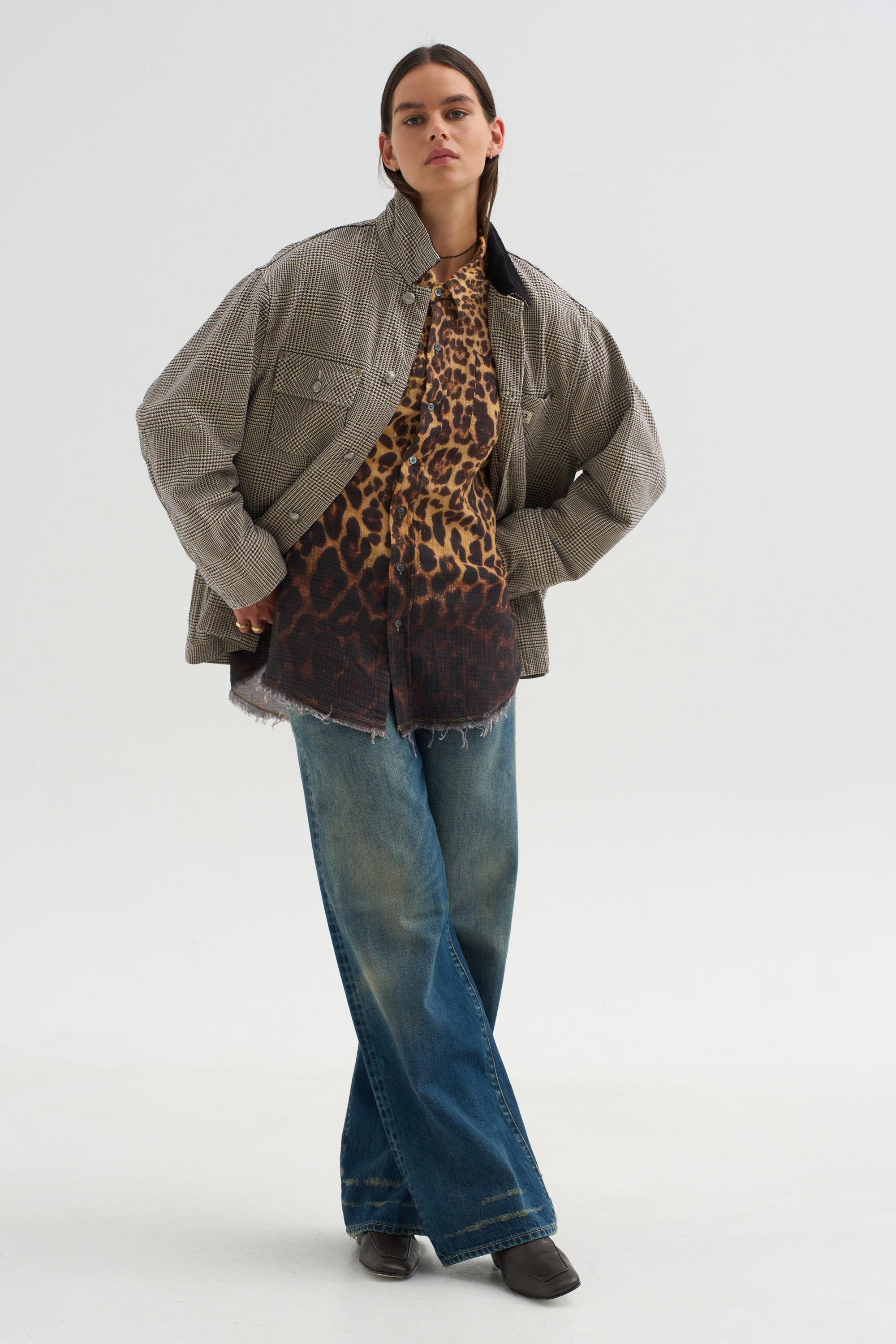 Shredded Seam Drop Neck Shirt, Brown Leopard