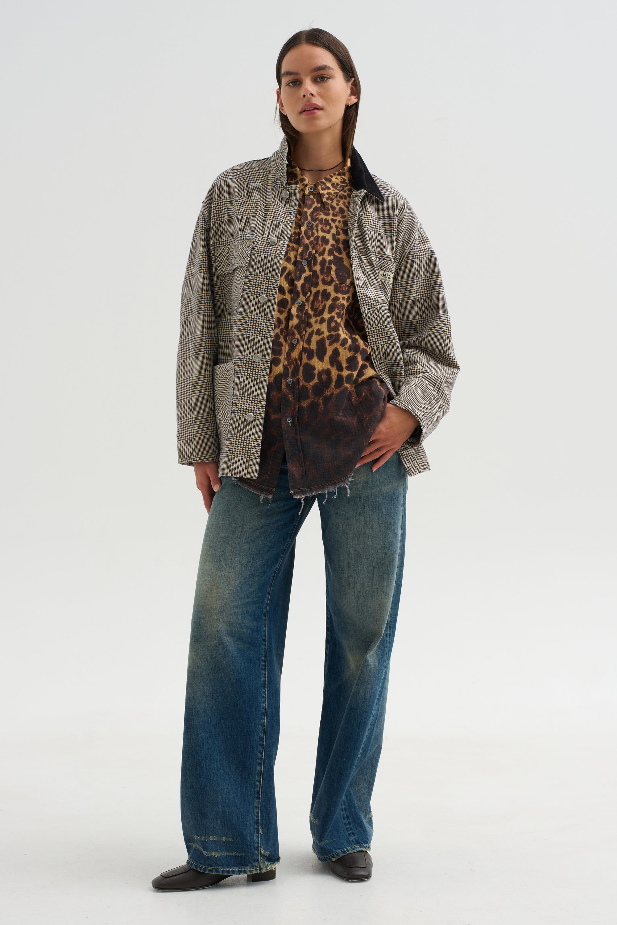 Shredded Seam Drop Neck Shirt, Brown Leopard