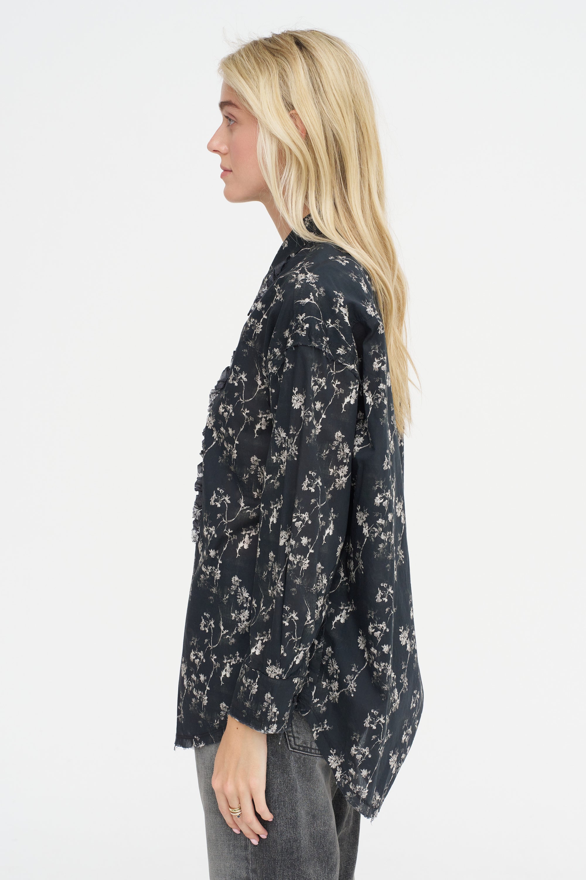 Shredded Seam Ruffle Shirt, Floral on Black