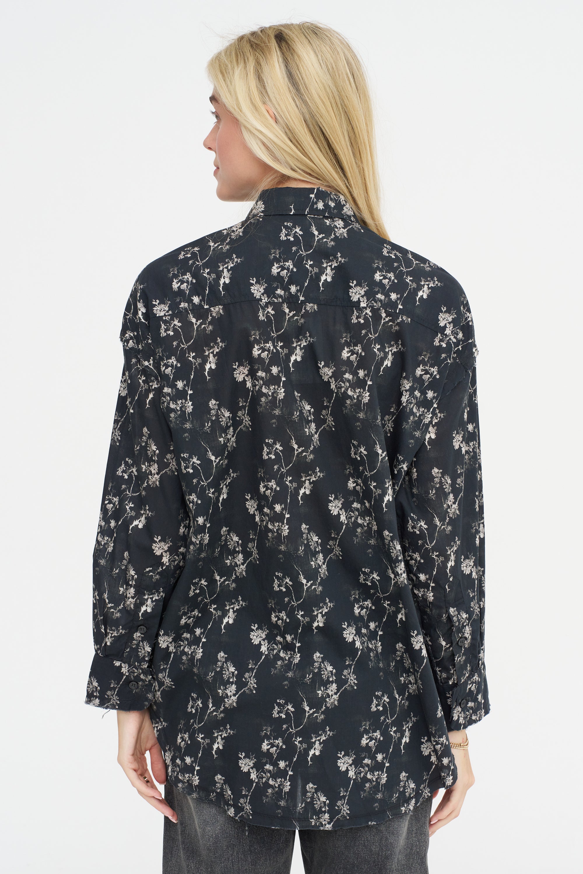 Shredded Seam Ruffle Shirt, Floral on Black