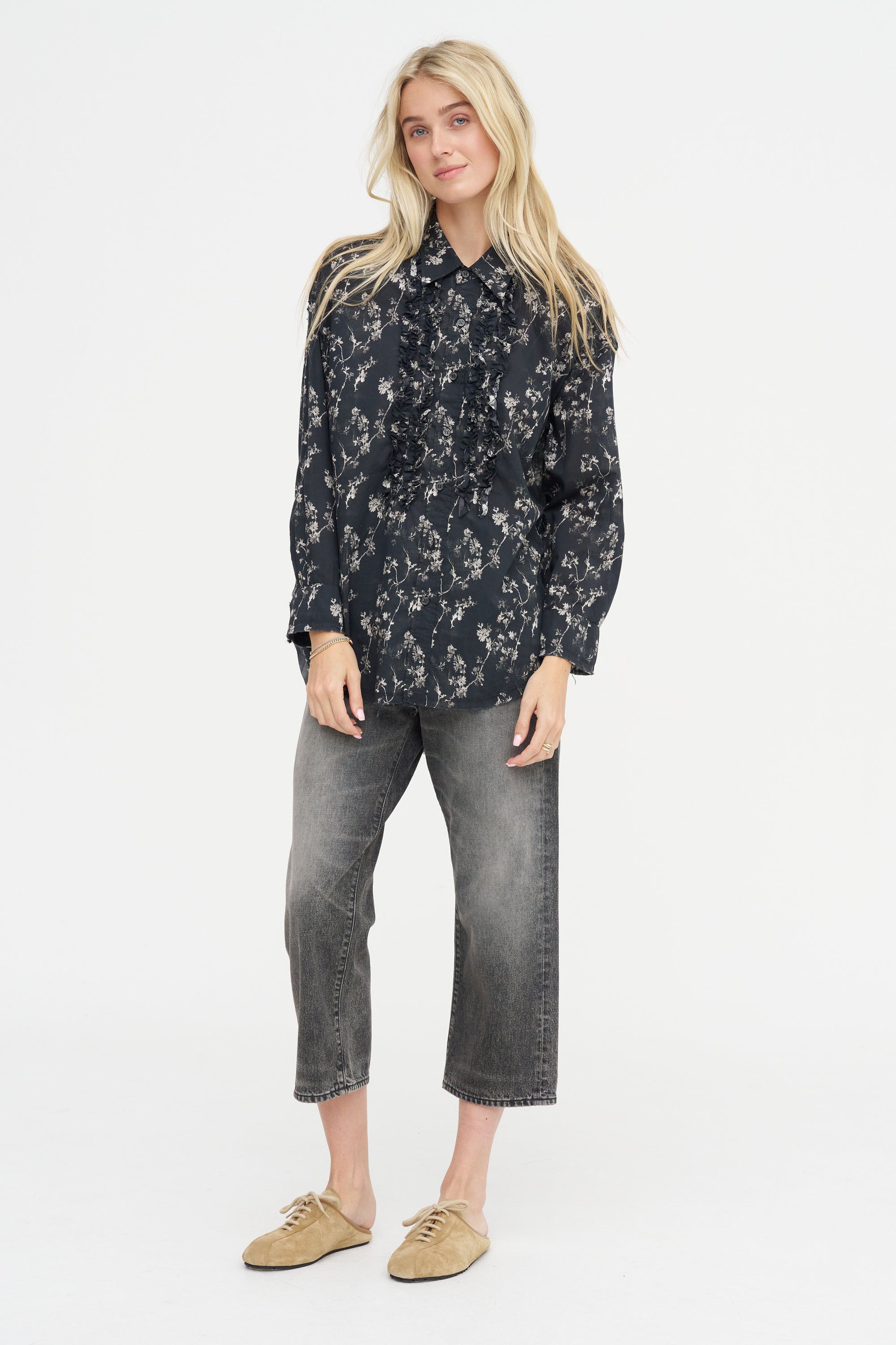 Shredded Seam Ruffle Shirt, Floral on Black