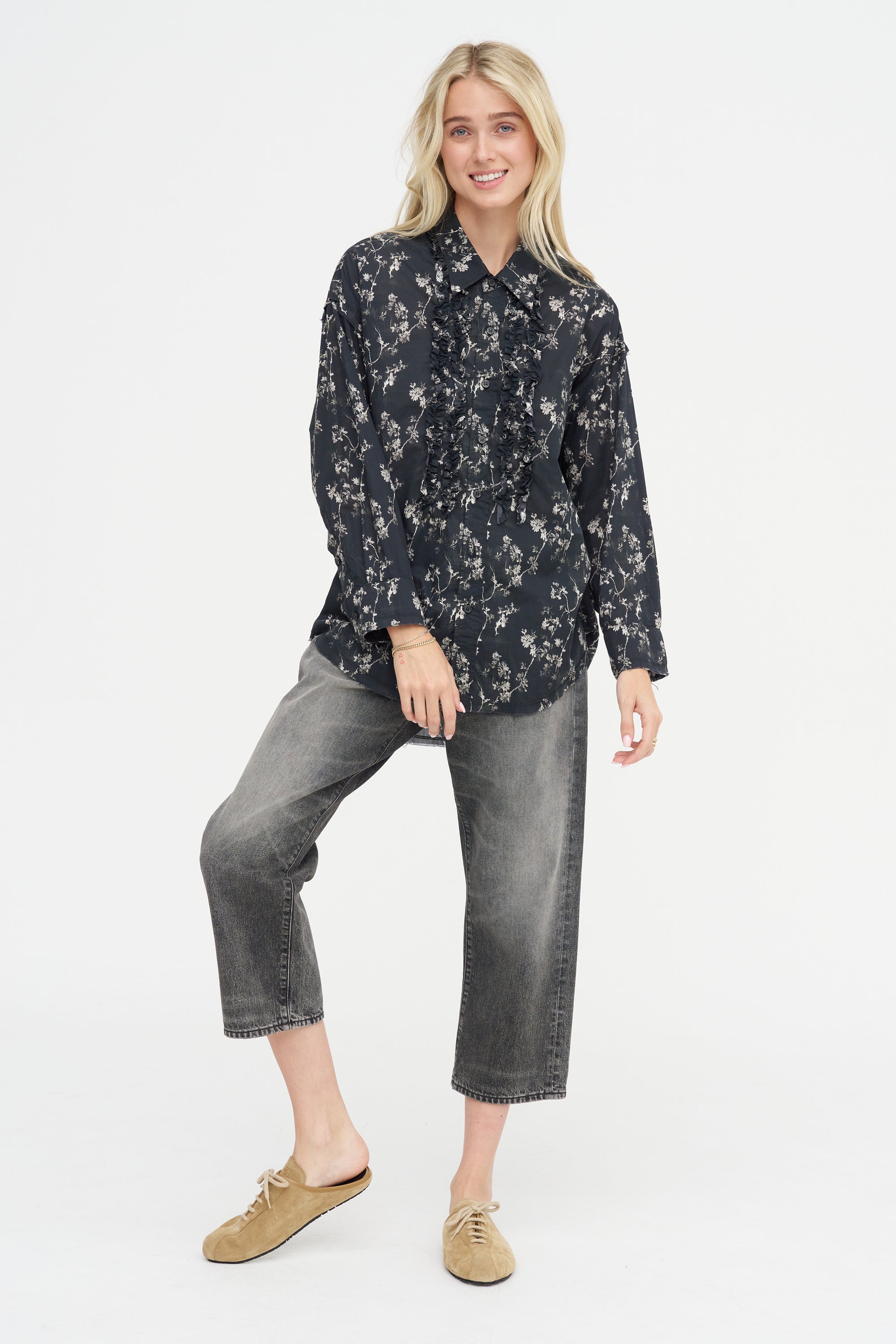 Shredded Seam Ruffle Shirt, Floral on Black