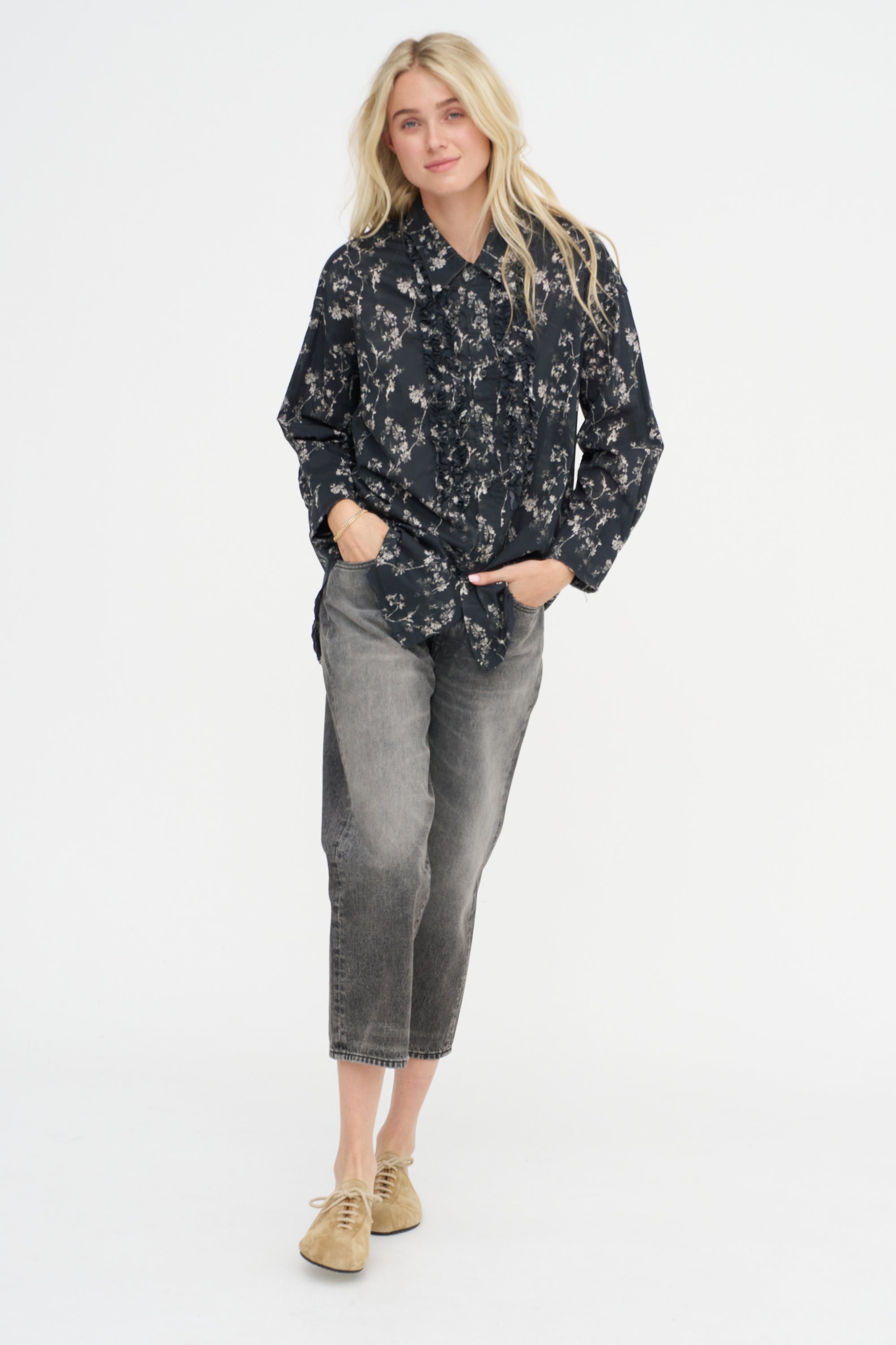 Shredded Seam Ruffle Shirt, Floral on Black