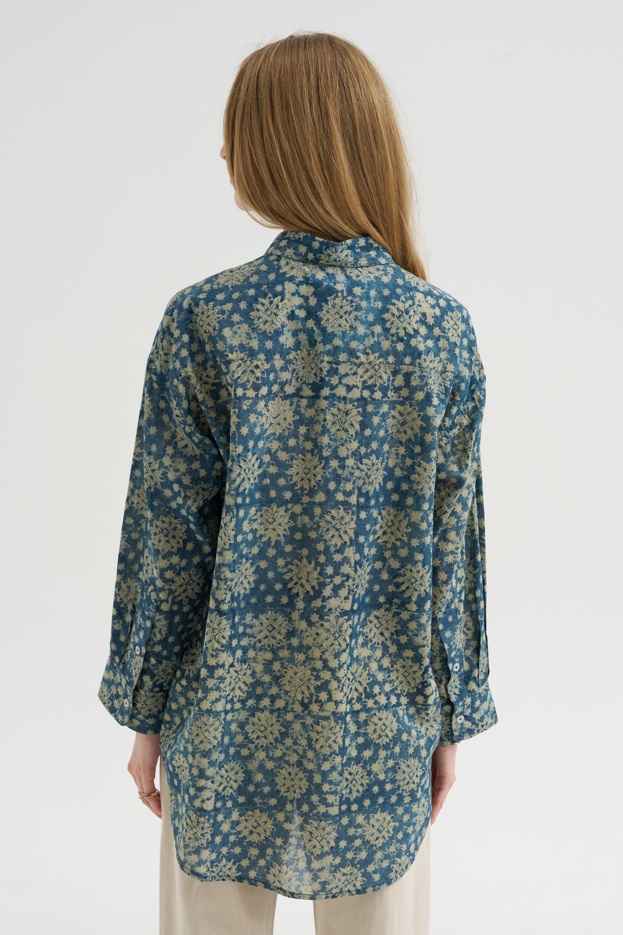 Pintuck Drop Neck Shirt, Indigo Medallion Print