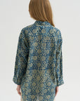 Pintuck Drop Neck Shirt, Indigo Medallion Print