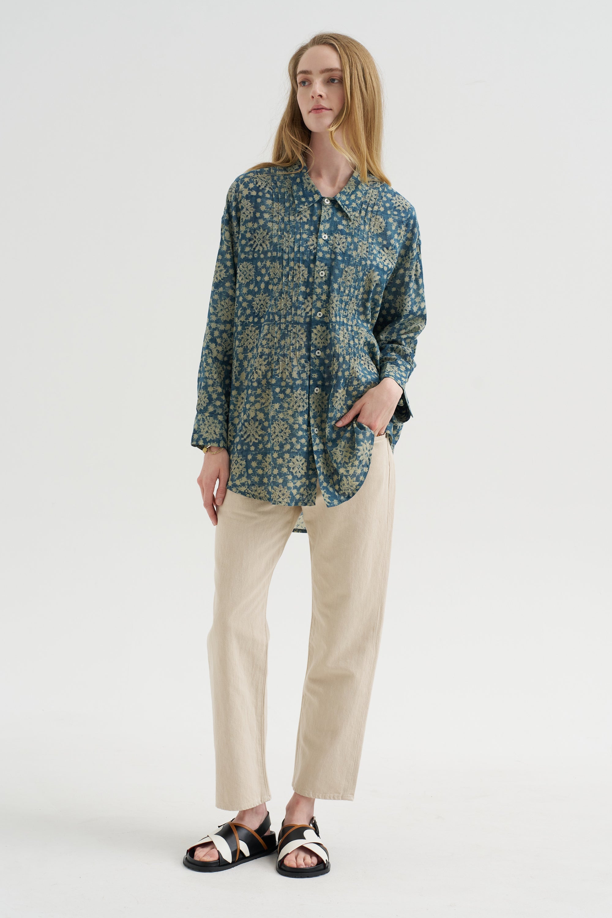 Pintuck Drop Neck Shirt, Indigo Medallion Print