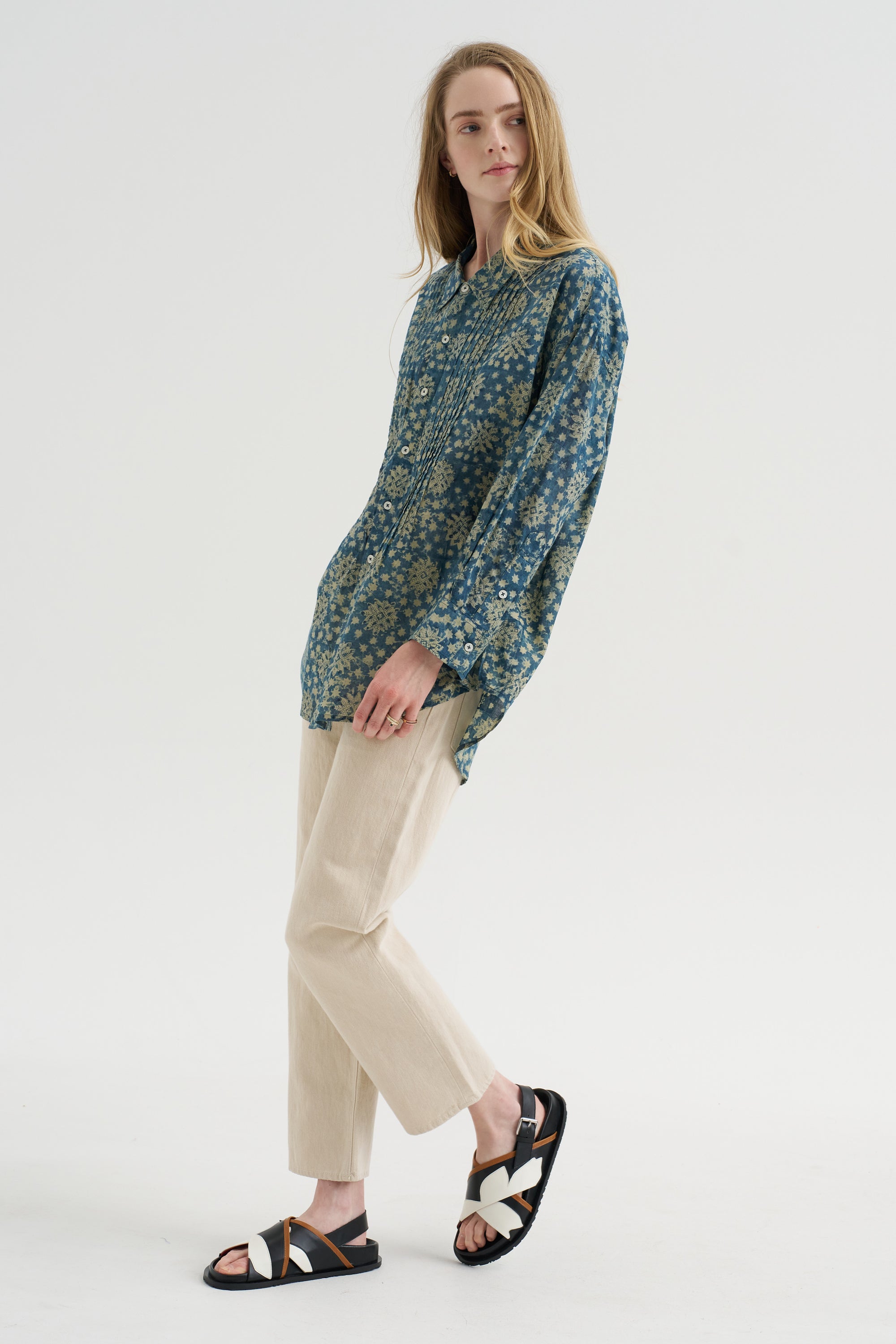 Pintuck Drop Neck Shirt, Indigo Medallion Print