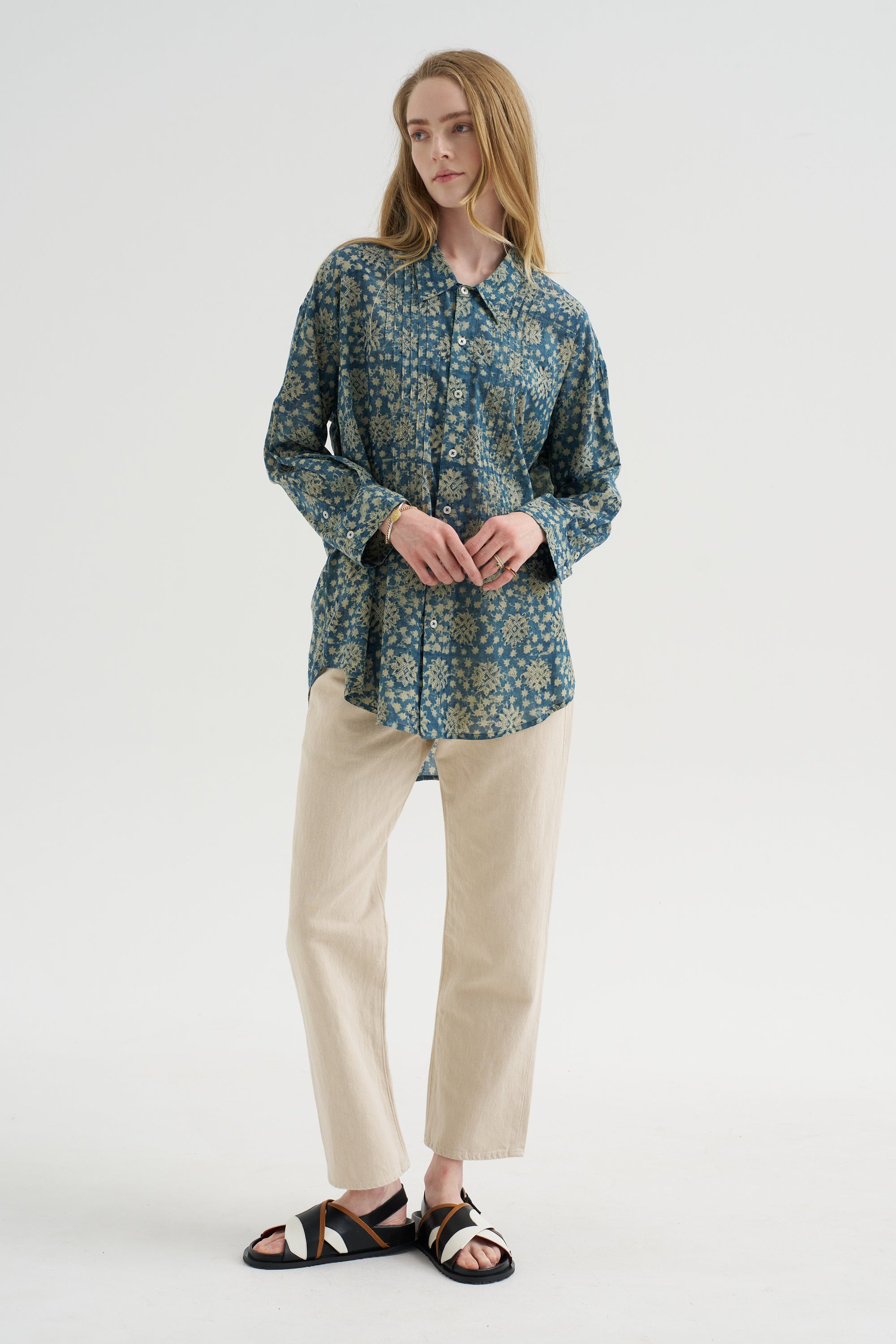 Pintuck Drop Neck Shirt, Indigo Medallion Print