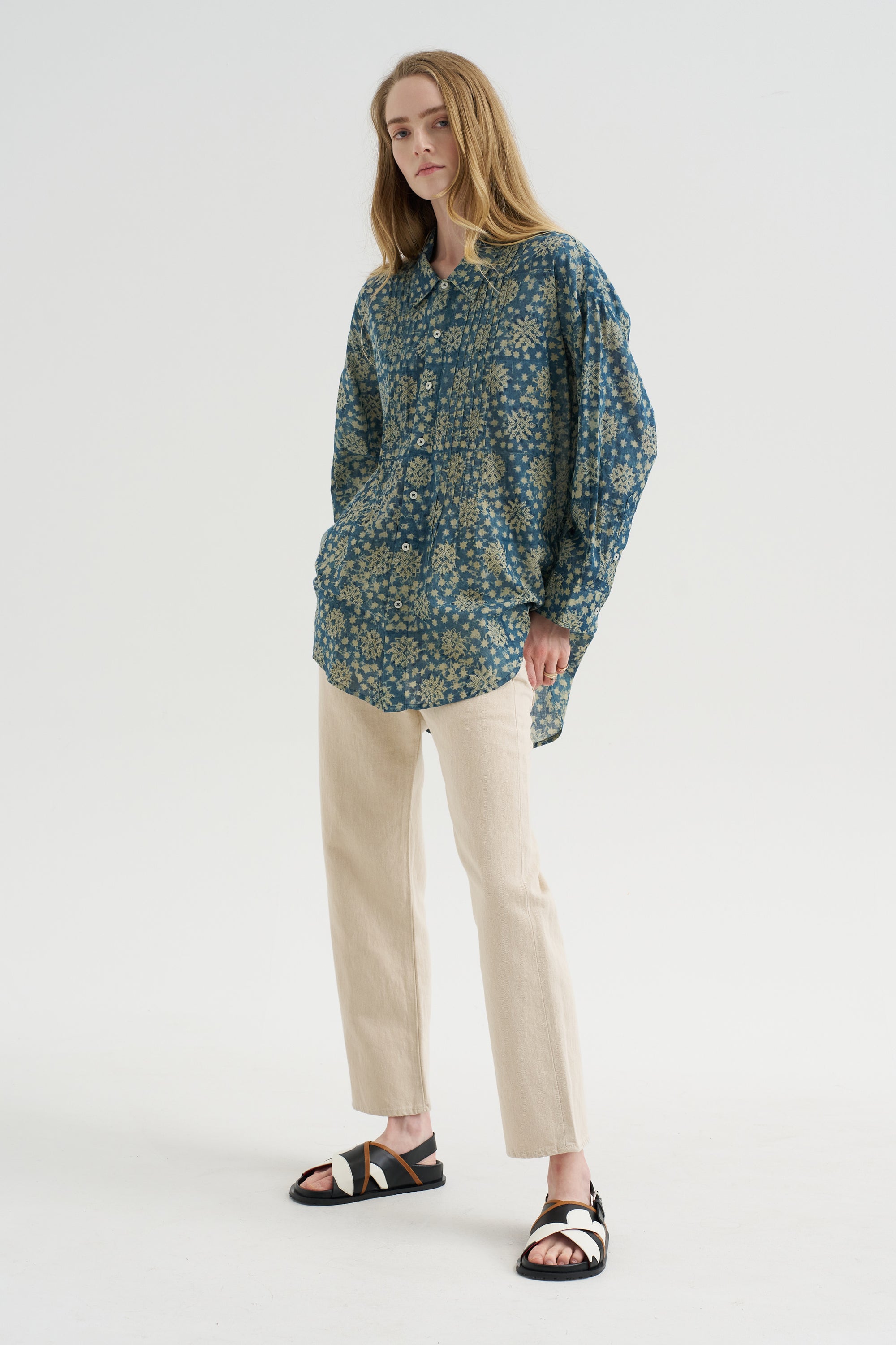 Pintuck Drop Neck Shirt, Indigo Medallion Print