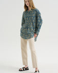Pintuck Drop Neck Shirt, Indigo Medallion Print
