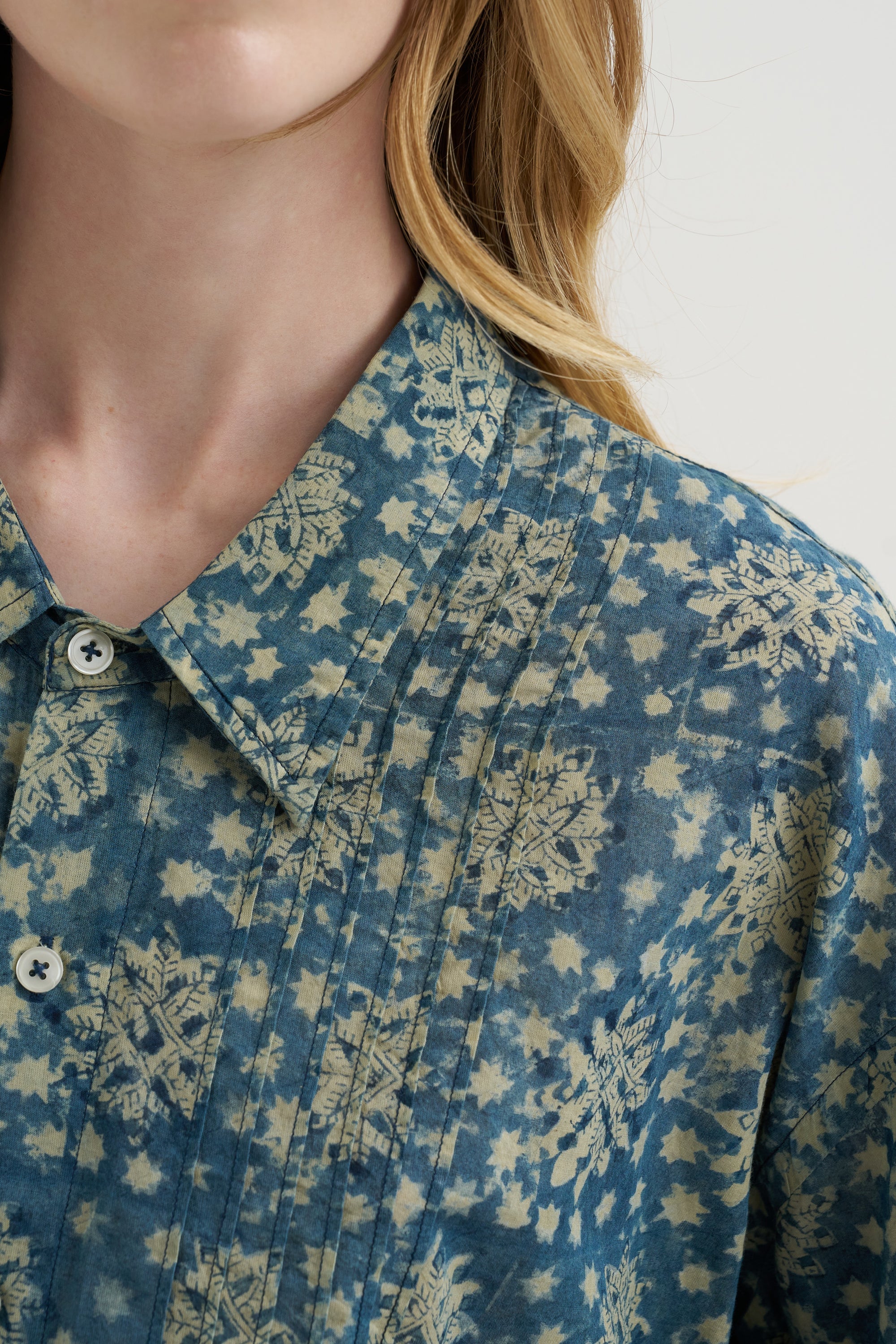 Pintuck Drop Neck Shirt, Indigo Medallion Print