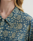 Pintuck Drop Neck Shirt, Indigo Medallion Print