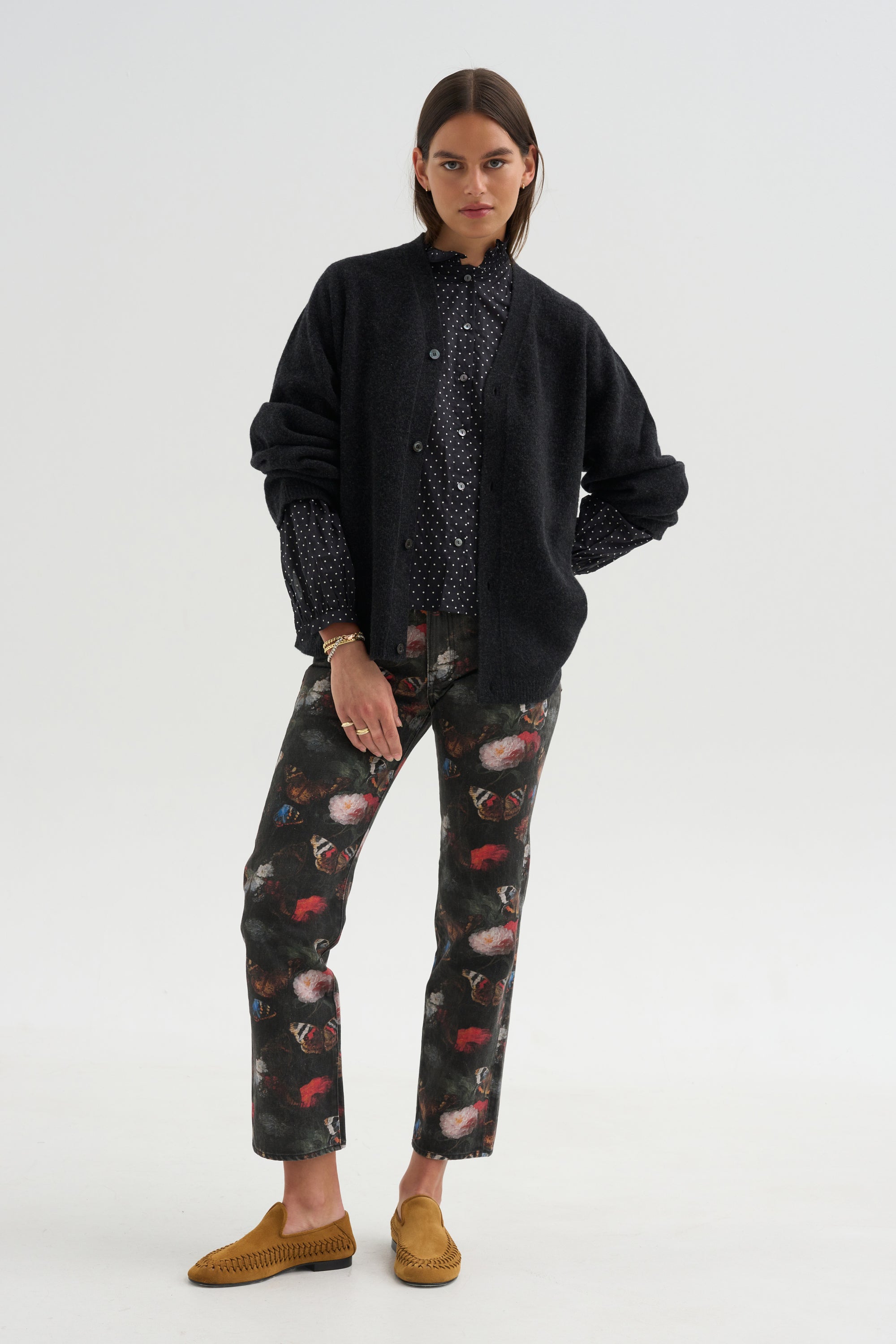 Pre-Order • Ruffle Collar Shrunken Shirt, Black &amp; White Polkadot