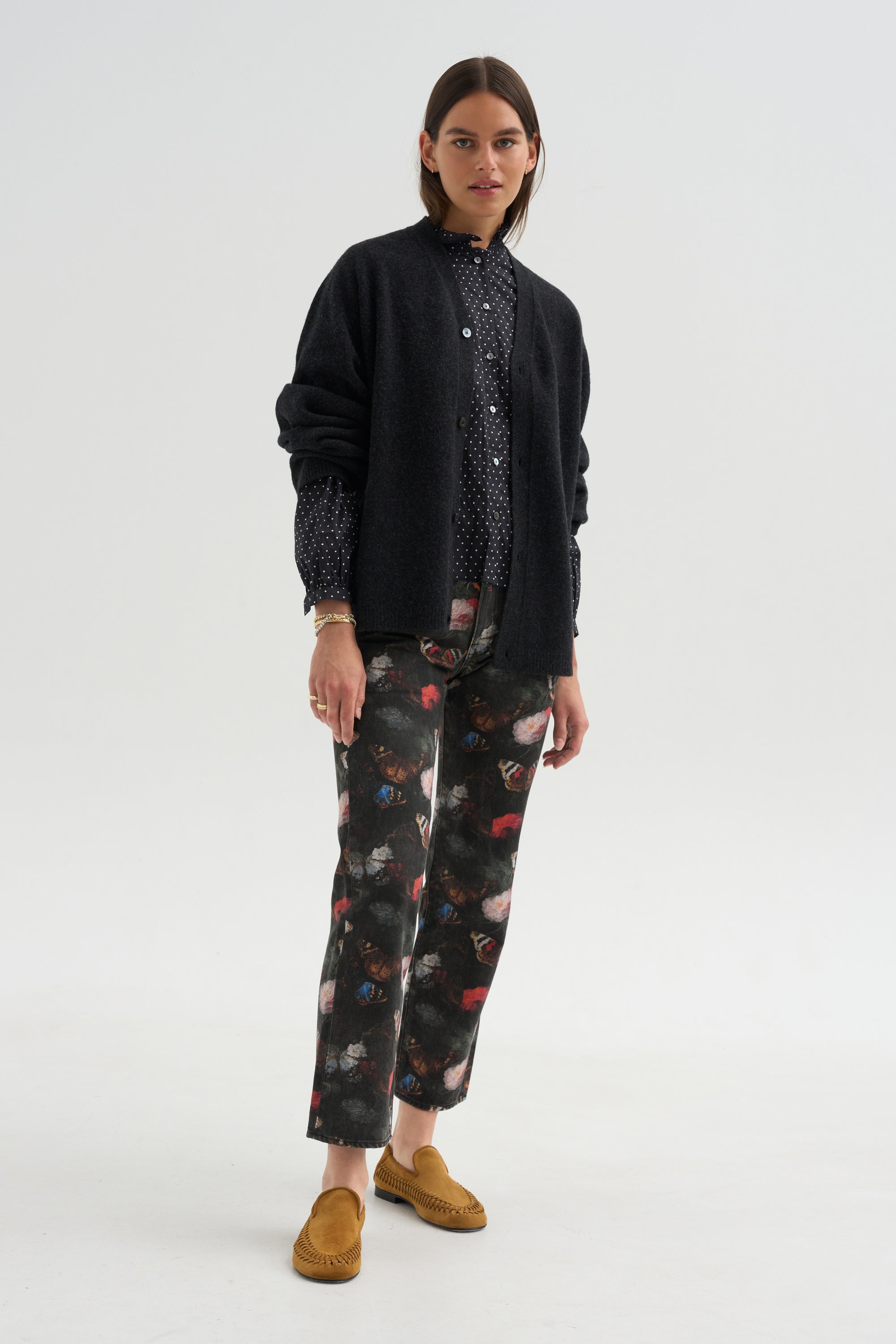 Pre-Order • Ruffle Collar Shrunken Shirt, Black &amp; White Polkadot