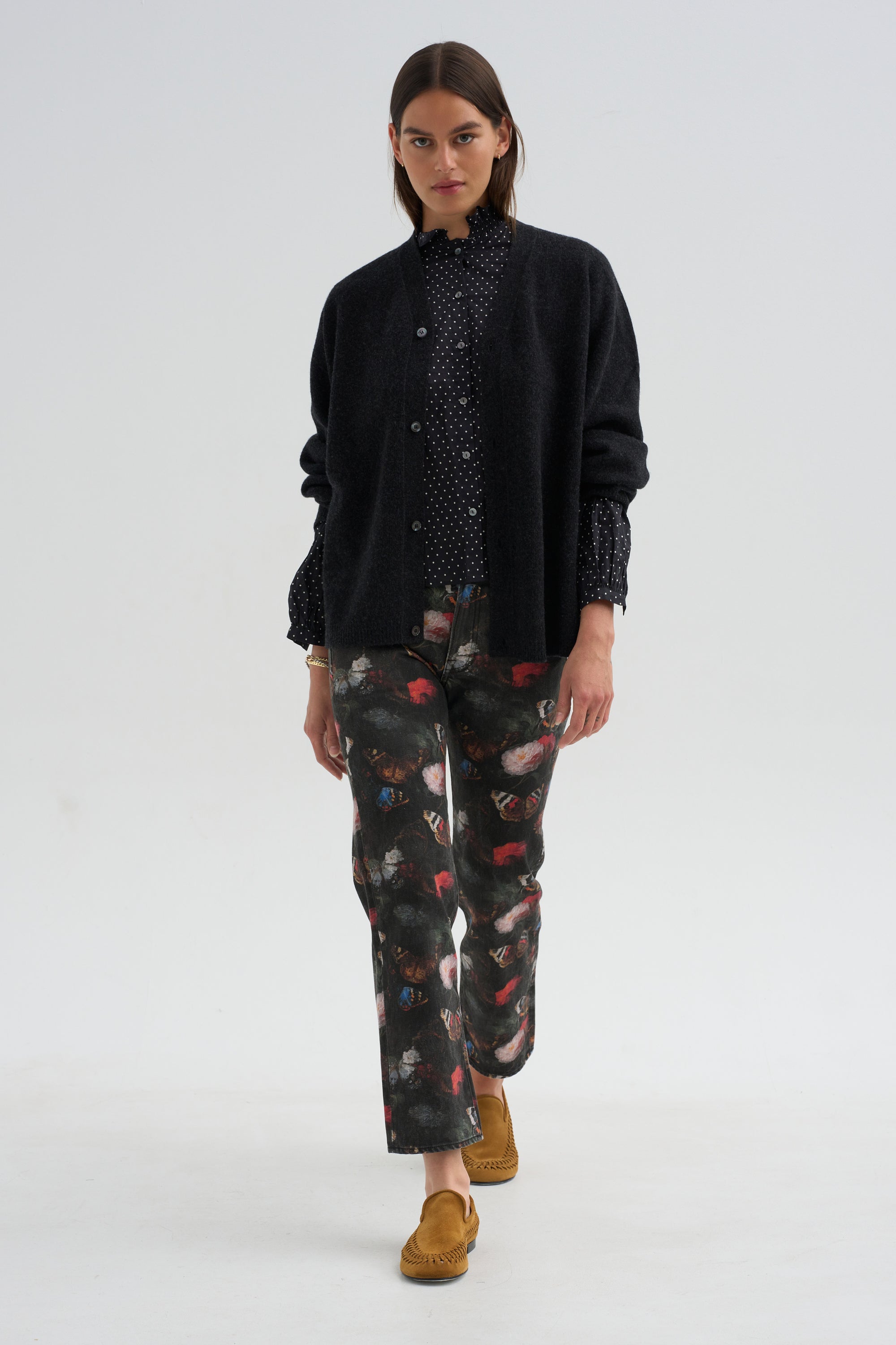 Pre-Order • Ruffle Collar Shrunken Shirt, Black &amp; White Polkadot