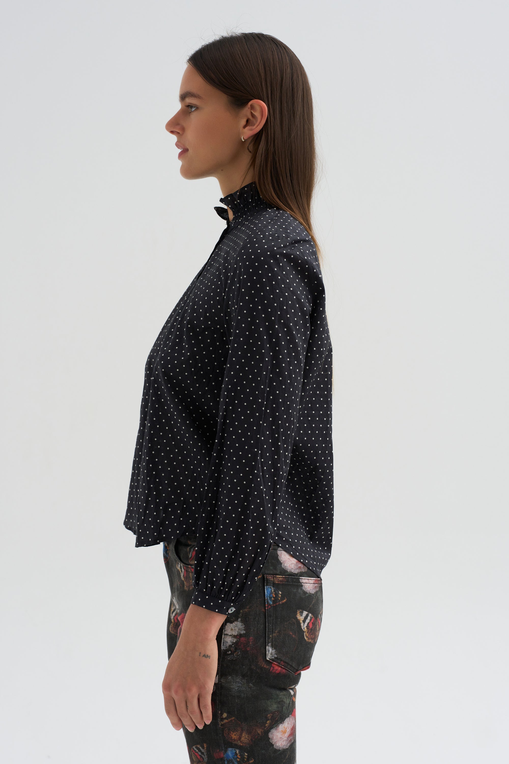 Pre-Order • Ruffle Collar Shrunken Shirt, Black &amp; White Polkadot
