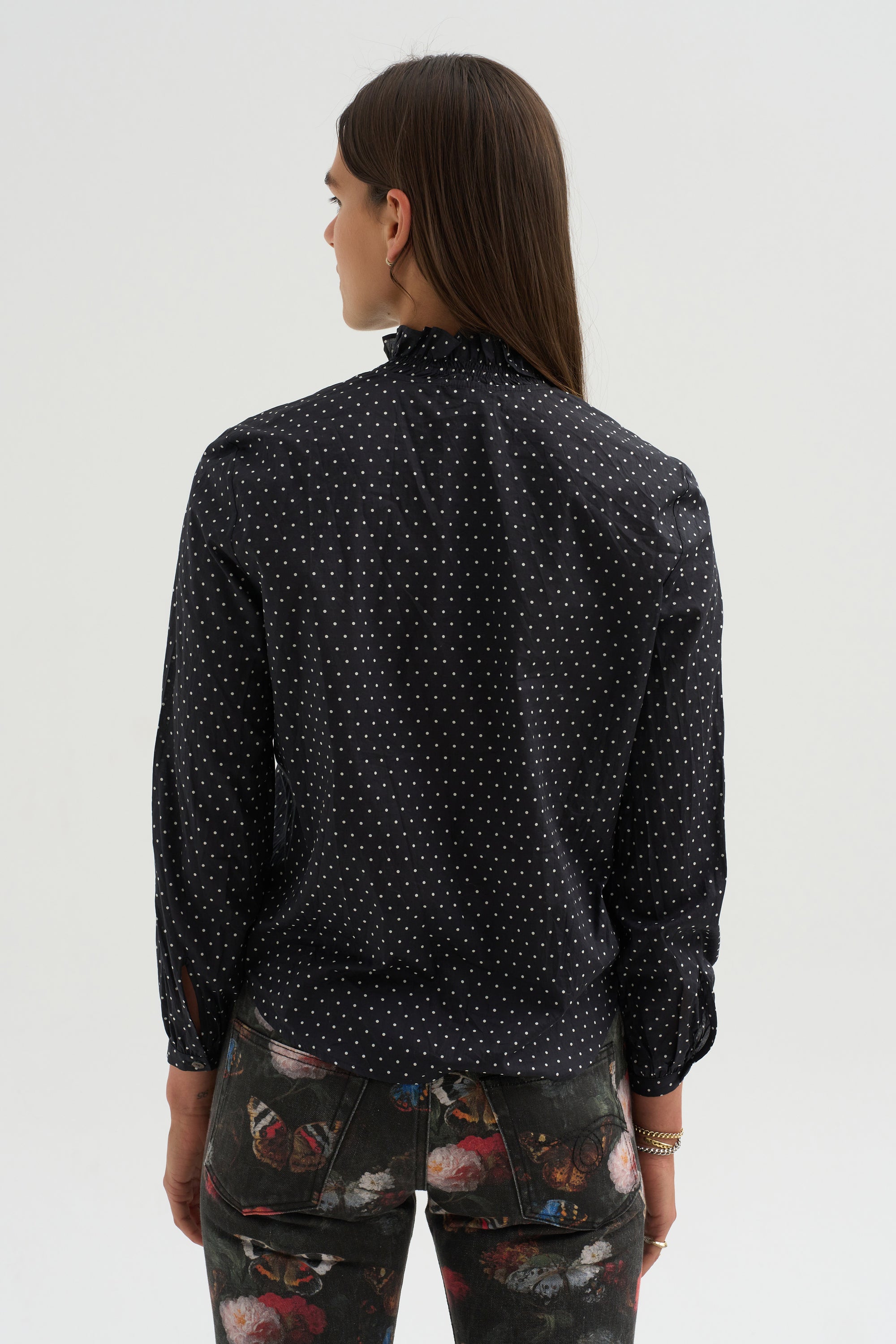 Pre-Order • Ruffle Collar Shrunken Shirt, Black &amp; White Polkadot